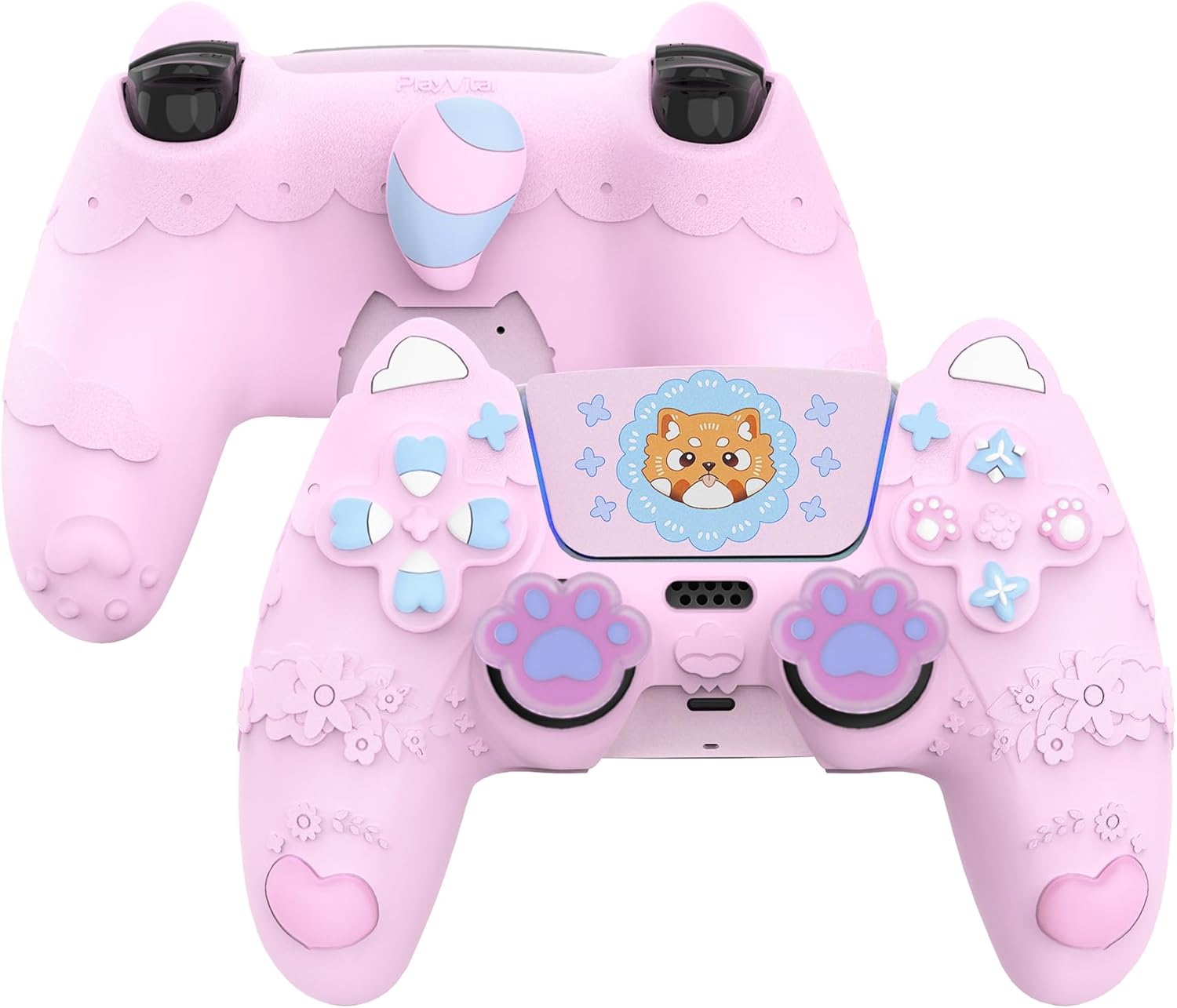 Playvital Cute Spring Lesser Panda Silicone Cover for Ps5 Controller with Joystick Cap and Sticker, Anti-Grip Shockproof Skin, Compatible with Charging Station, Cotton Candy Pink image number 3