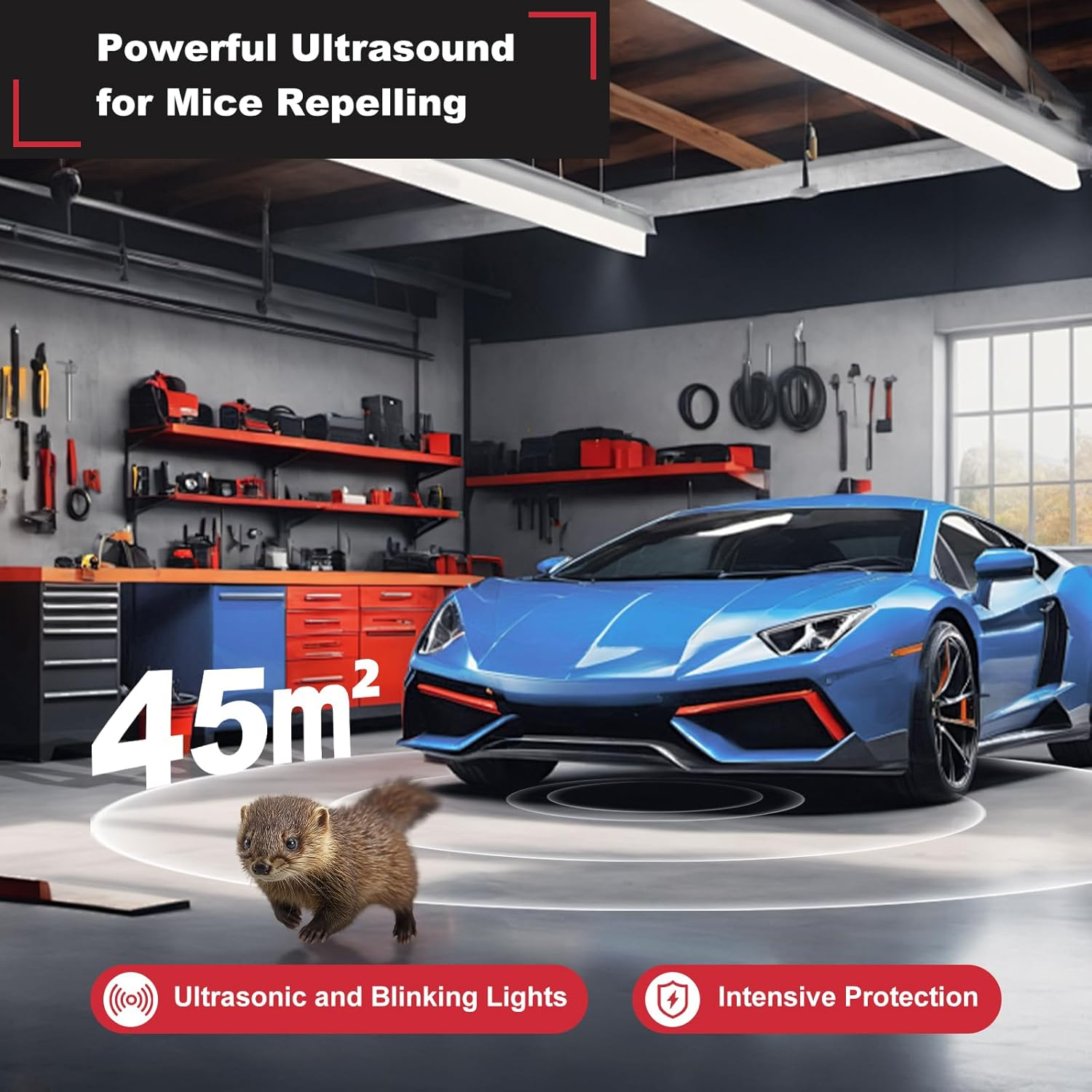 Marten Deterrent Car, Ultrasonic Marten Repellent, Supports USB Charging and 4 AA Batteries, 18-36 Khz Marten Protection with Flash Light, Connects to 12 V Car Battery, for Car, Engine Compartment image number 5