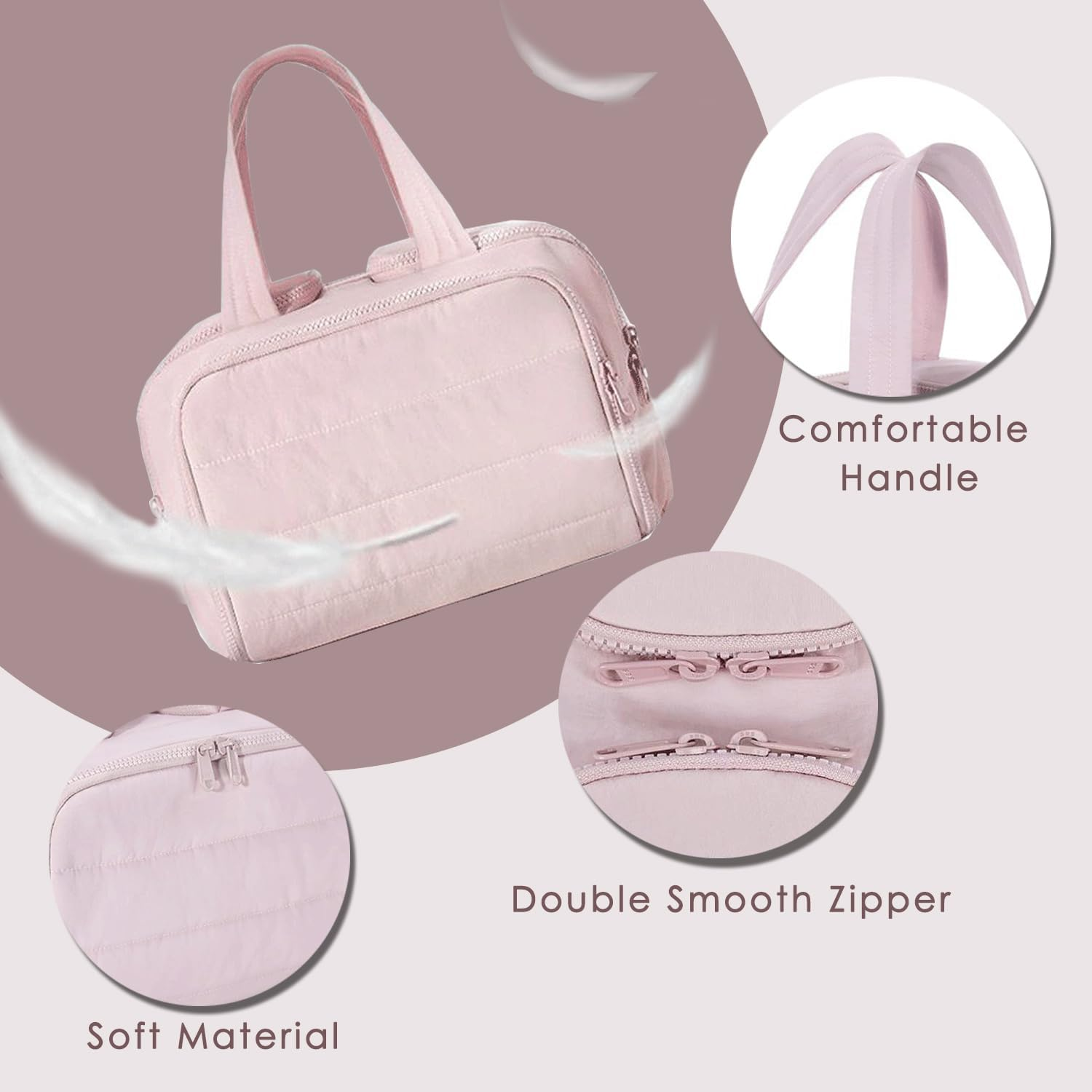 Travel Toiletry Bag, Puff Large Capacity Cosmetic Bag, Lightweight Wide Open Travel Bag for Women, Makeup Toiletry Bag Organizer with Handle for Accessories,Essentials. (Pink) image number 5