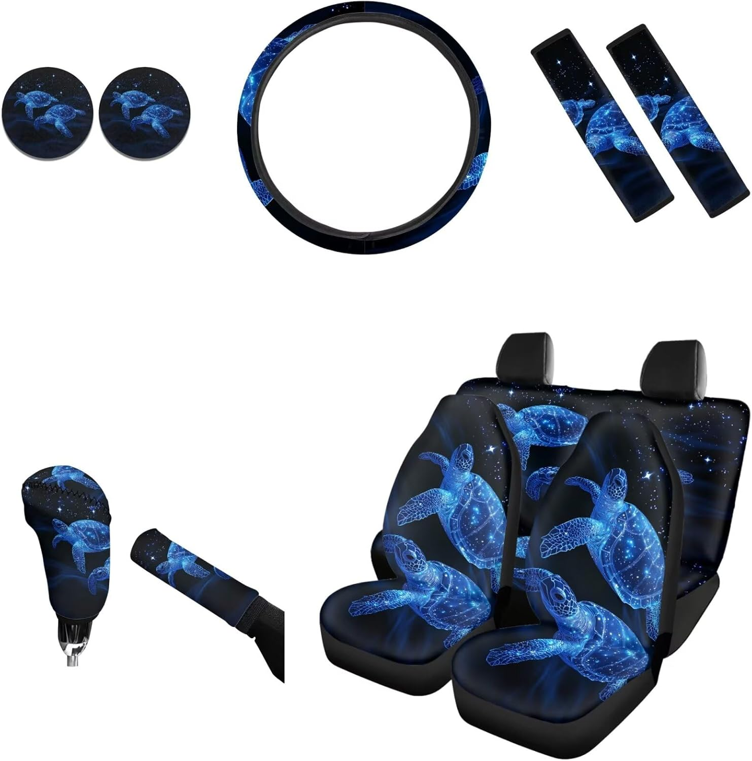 AFPANQZ 11Pack Sea Turtles Car Accessories Set Car Seat Covers Full Set with Steering Wheel Cover/Car Coaster/Handbrake Gear Shift Knob Covers/Seat Belt Shoulder Pads Auto Decoration Women Men