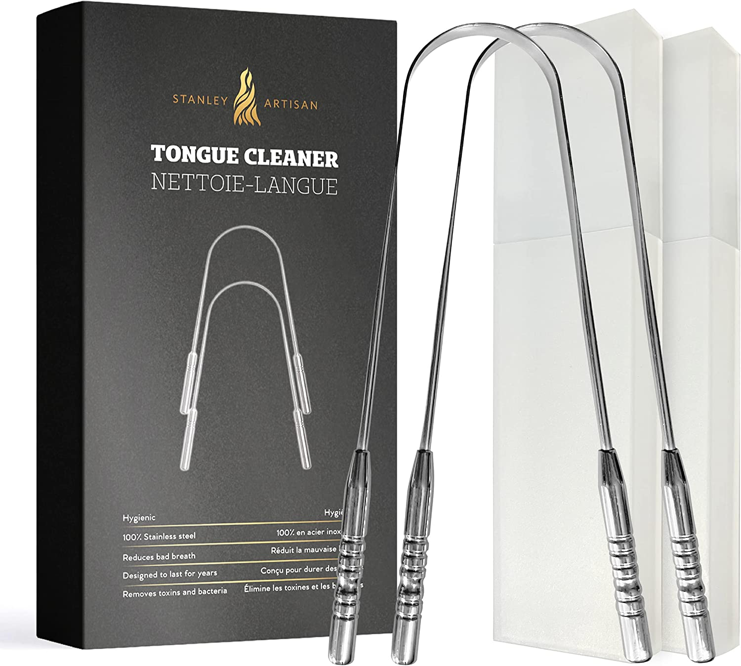Stanley Artisan Tongue Scrapers - Tongue Cleaner with 2 Pieces Travel Cases - Surgical Stainless Steel Rustproof Tongue Scrapers Effective Reusable Lifetime Scraper - (2 Count (Pack of 1), Sliver) image number 5