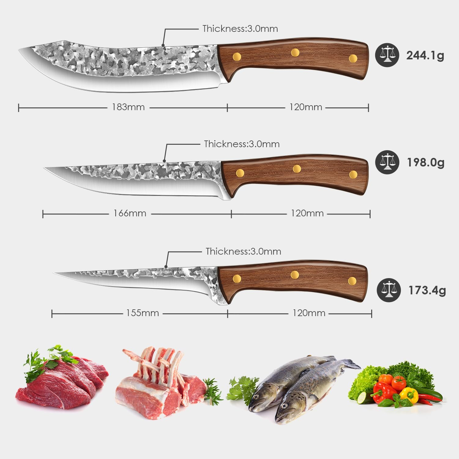 3 Piece Kitchen Knife Set Boning Knife Set &ndash; Razor Sharp Kitchen Knives Full Tang Butcher Knife Set,Boning Knife High Carbon Stainless Steel Cooking Knife Set, Gift Box image number 2