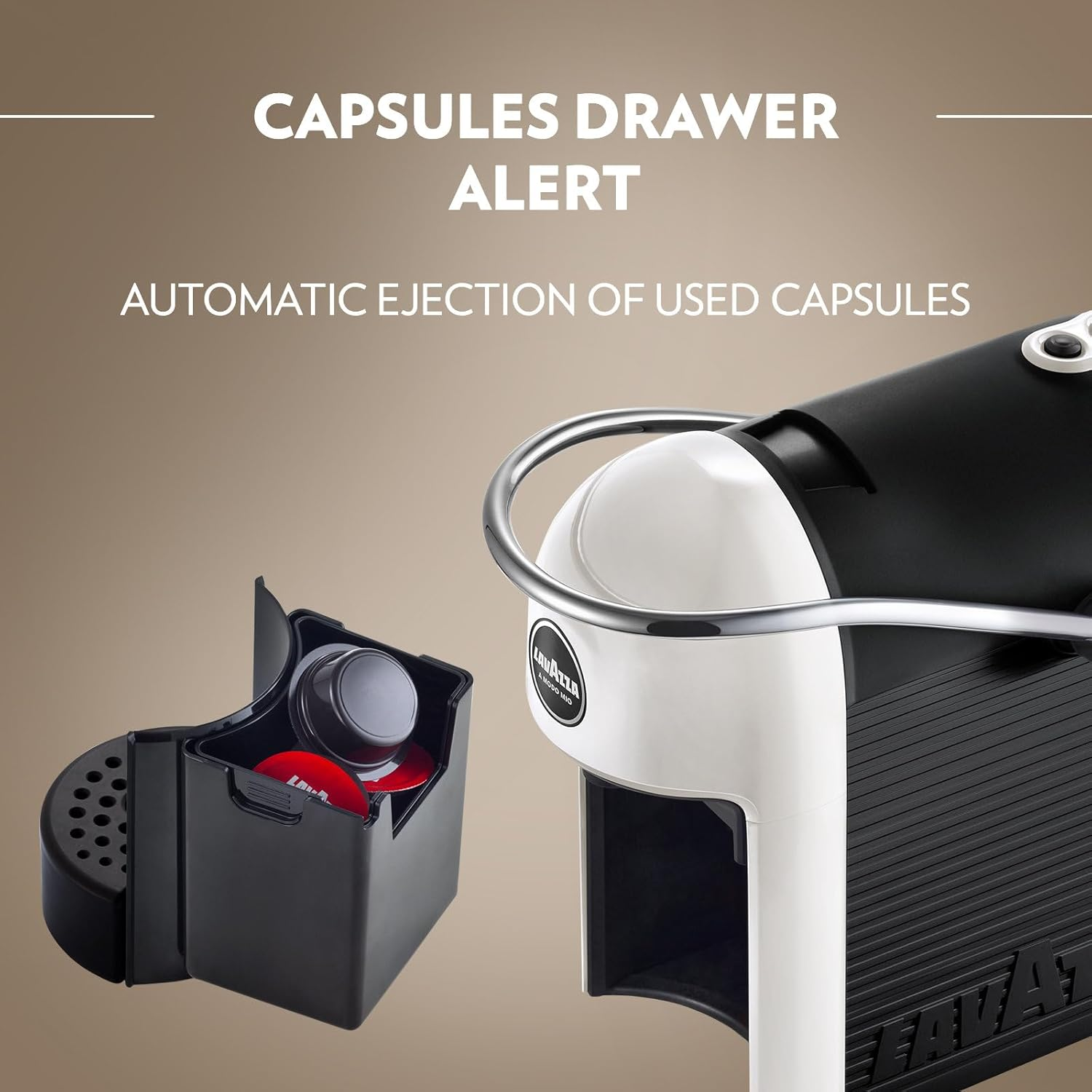 Lavazza, a Modo Mio Jolie EVO, Coffee Capsule Machine, Made from 36% Recycled Plastic, Compatible with a Modo Mio Pods, with Removable Cup Rest, Automatic Shut-Off, 1250 W, 220&ndash;240 V, 50&ndash;60 Hz, White image number 2