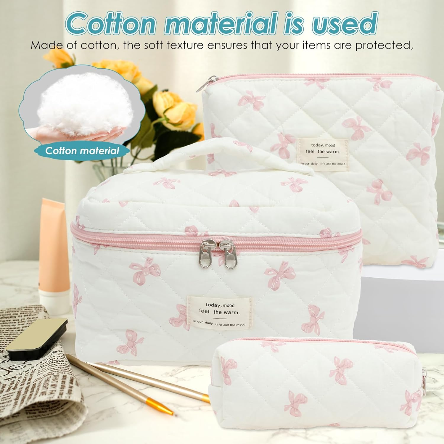 DJAPWPX 3 Pcs Makeup Bag, Cotton Quilted Cosmetic Bag, Cute Travel Makeup Pouch, Multifunctional Cosmetic Pouch Set for Women Girls Ladies (Pink)