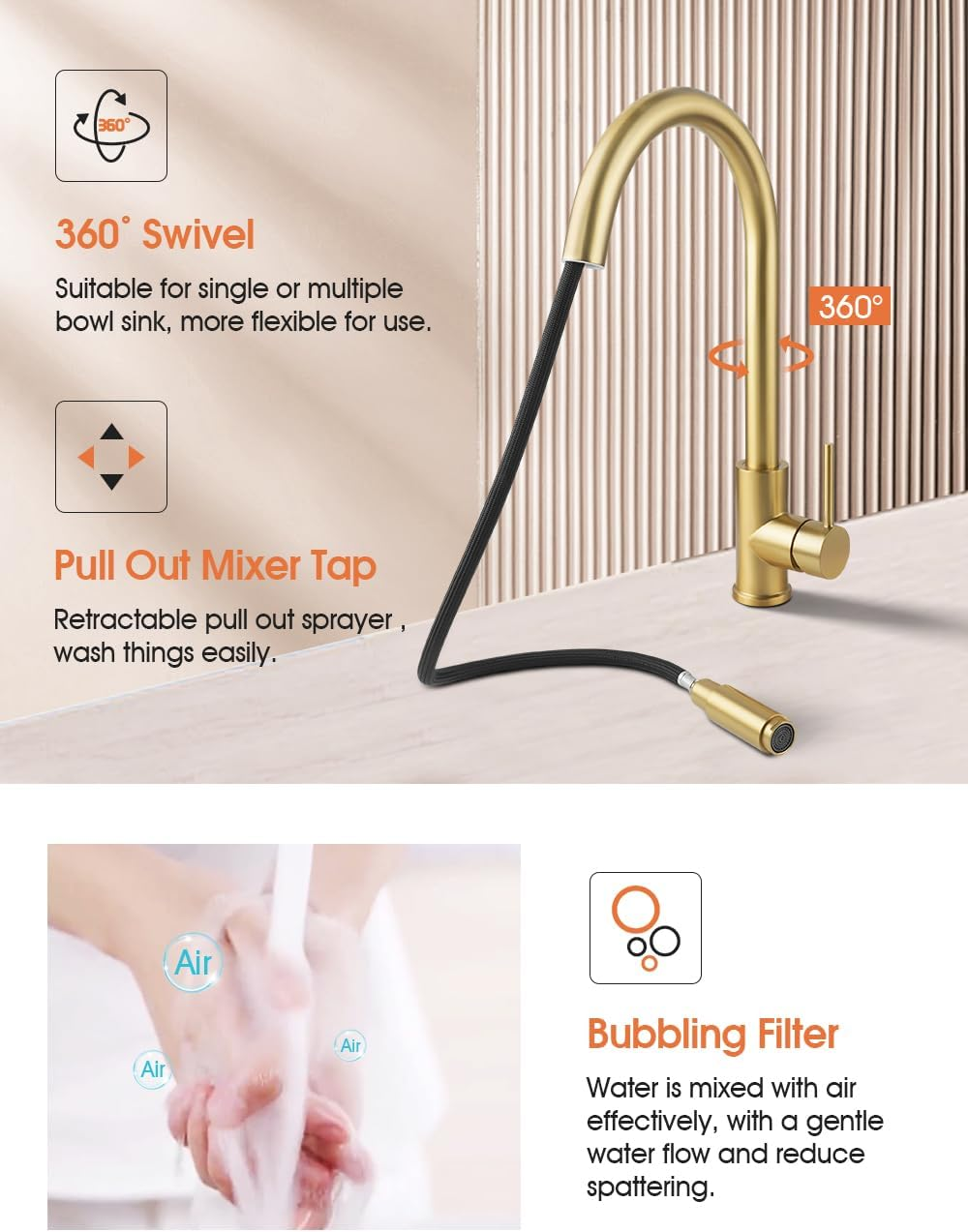 ACA International DR Brass Lead Free Kitchen Tap, WELS Kitchen Mixer Tap Pull Out 360&deg; Swivel Spout Kitchen Tap Laundry Faucet Brushed Yellow Gold