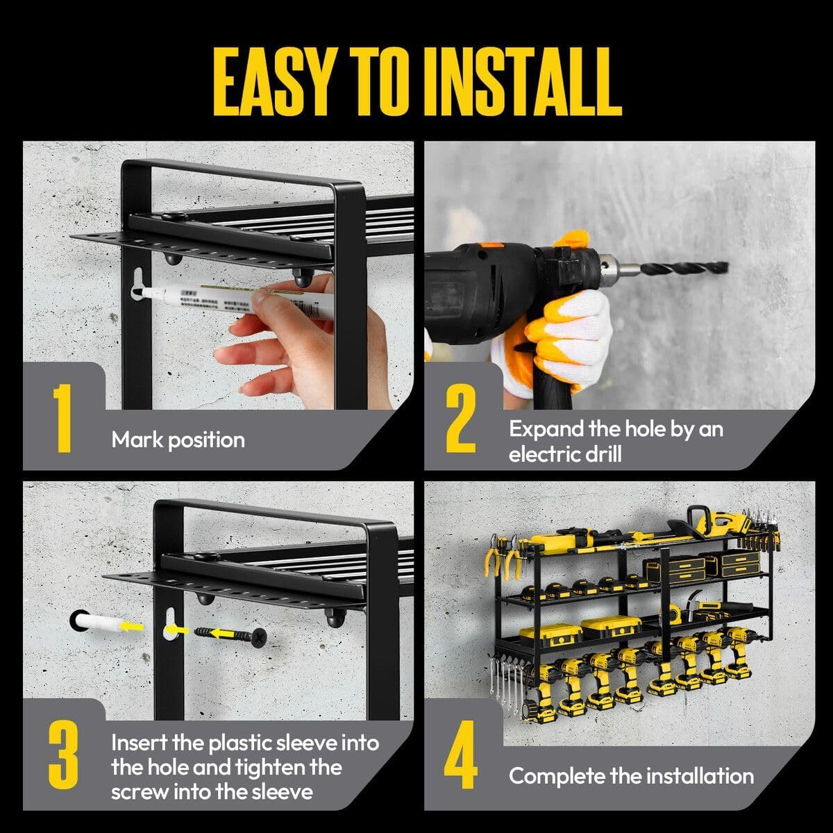 AUSWAY Power Tool Organiser 4 Tier Garage Shelving Unit Wall Mounted Metal Storage Rack Shelves Warehouse Drill Wrench Holder Hanger image number 4