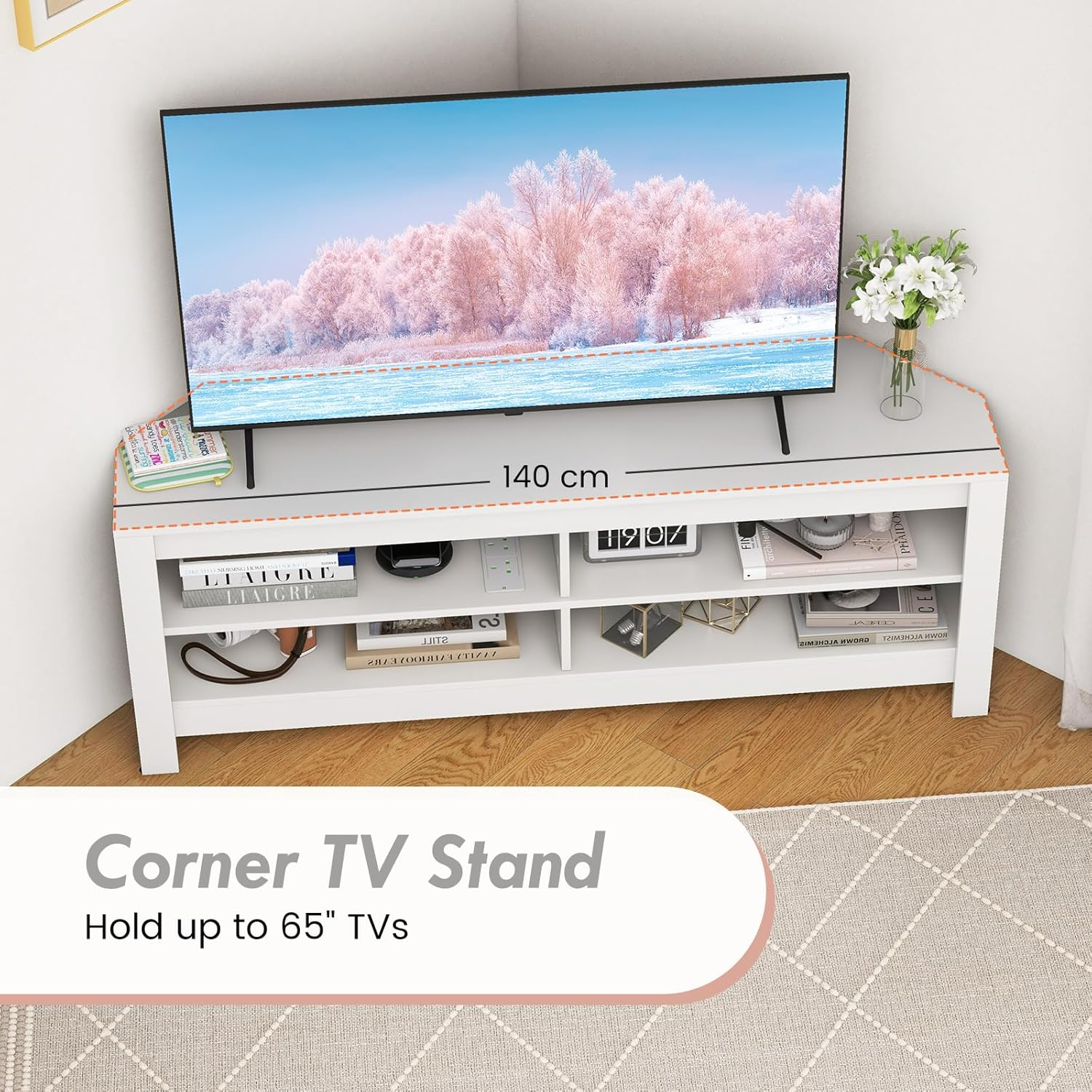 Giantex Corner TV Stand with Power Outlet, 3-Tier Entertainment Center with 4 Open Storage Shelves, 140CM Multifunctional Console Table for up to 65 Inch TV, for Living Room & Bedroom (White) image number 2