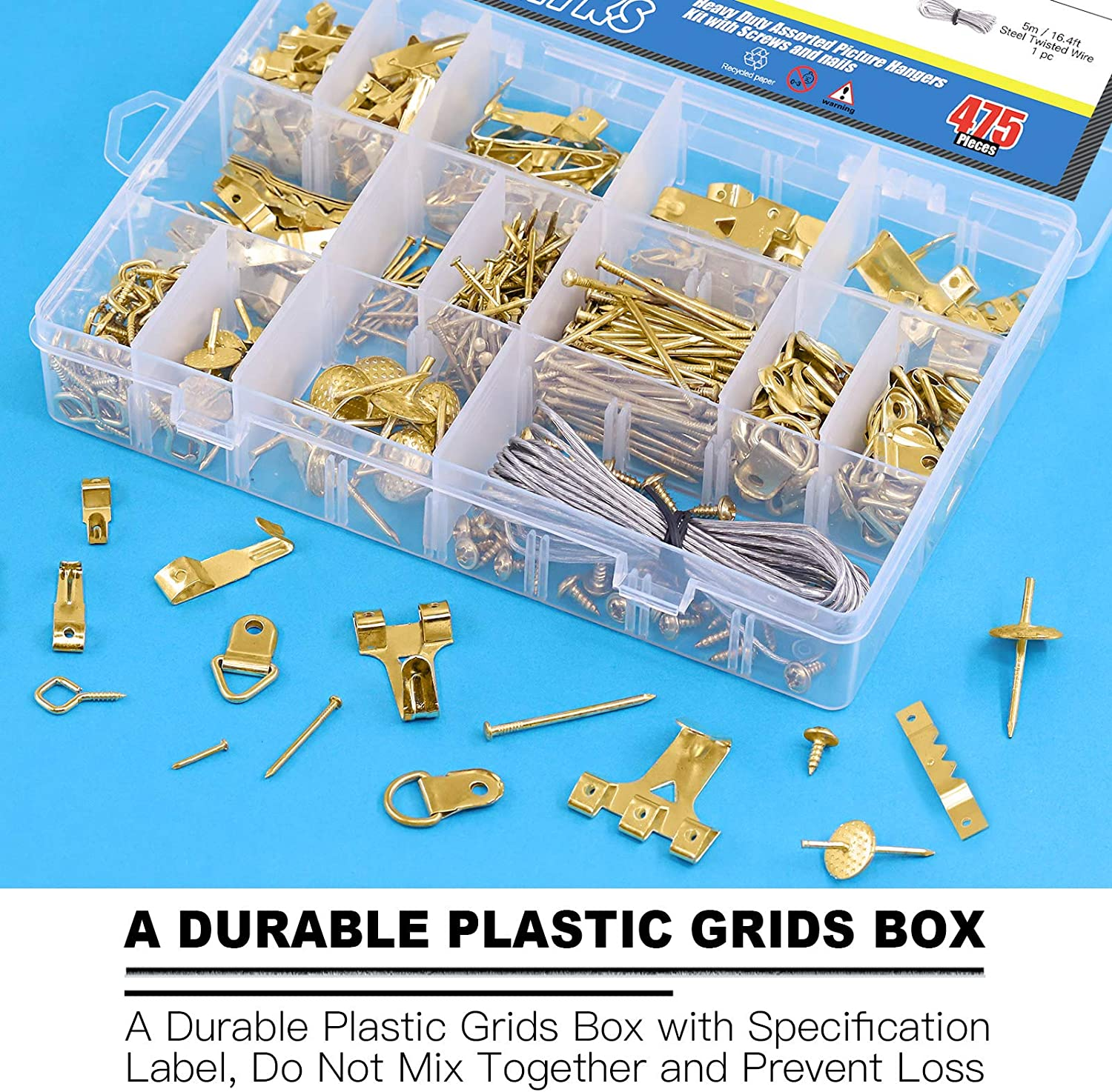 Glarks 307Pcs Picture Hanging Kit, Picture Frame Hanger Tool with Level Ruler and 306Pcs Nails, Hooks, Hanging Wire, Screw Eyes, D Ring and Sawtooth Hanger for Frame Hanging Wall Mounting image number 5