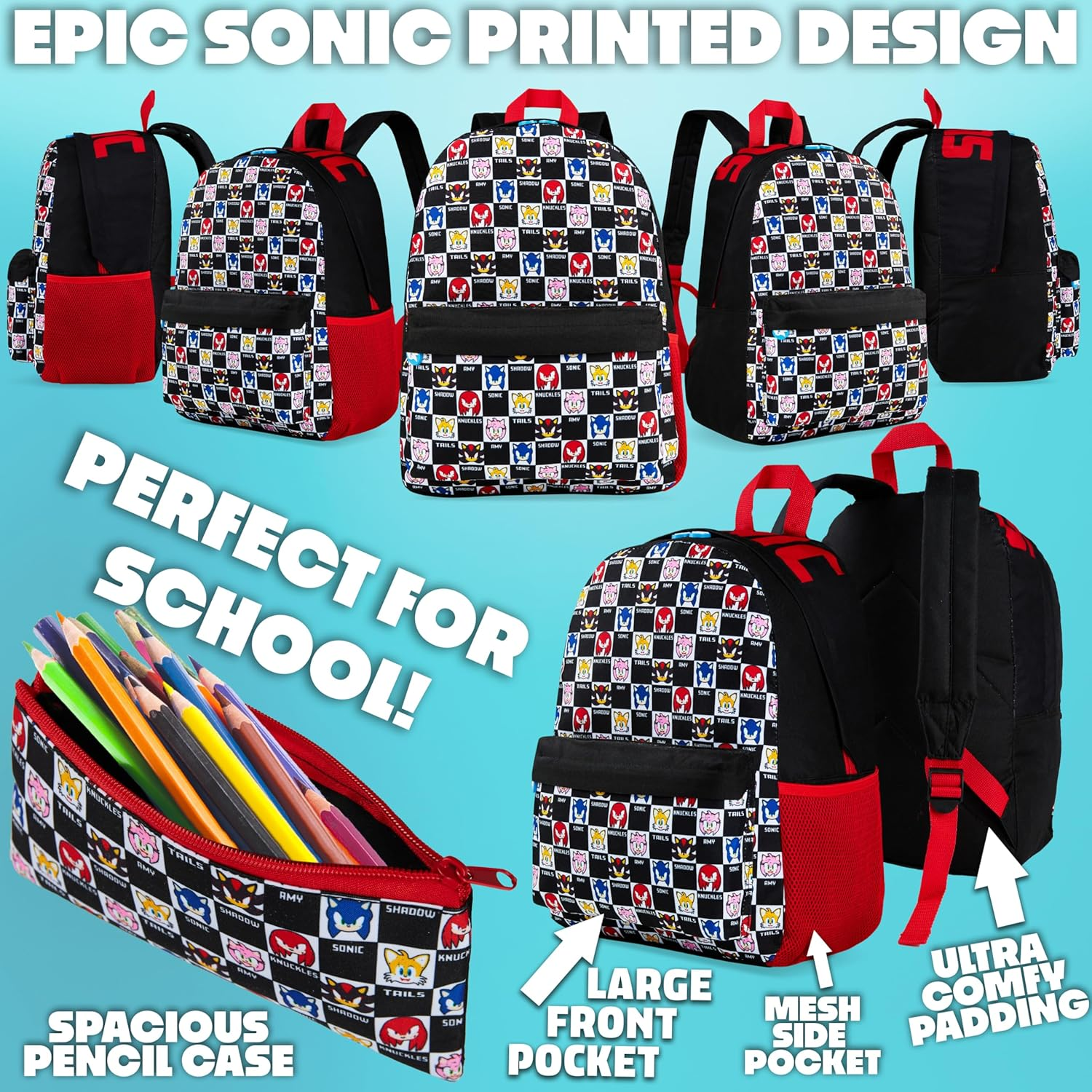 Sonic the Hedgehog Backpack Set 4 Pcs Kids with Water Bottle 400Ml Pencil Case Insulated Lunch Bag Tweens Knuckles Shadow School Supplies Travel image number 2