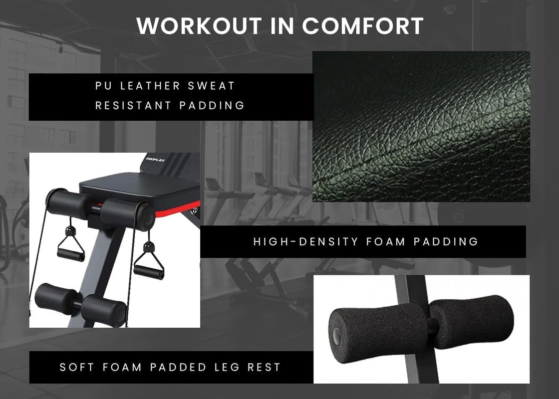 PROFLEX Adjustable Weight Bench Home Gym Workout Bench Press for Strength Training with Resistance Bands