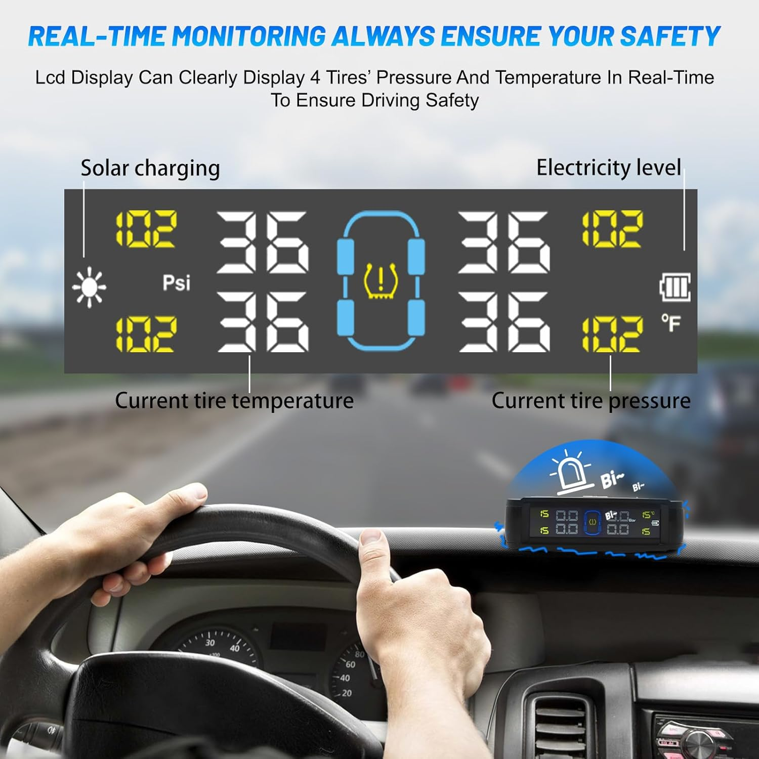 Tire Pressure Monitoring System with 4 External Sensors, TPMS Tire Pressure Monitor System & 6 Alarm Modes, Solar & USB Charge, Easy to Install, LCD Real-Time Display, Auto Sleep Mode image number 3