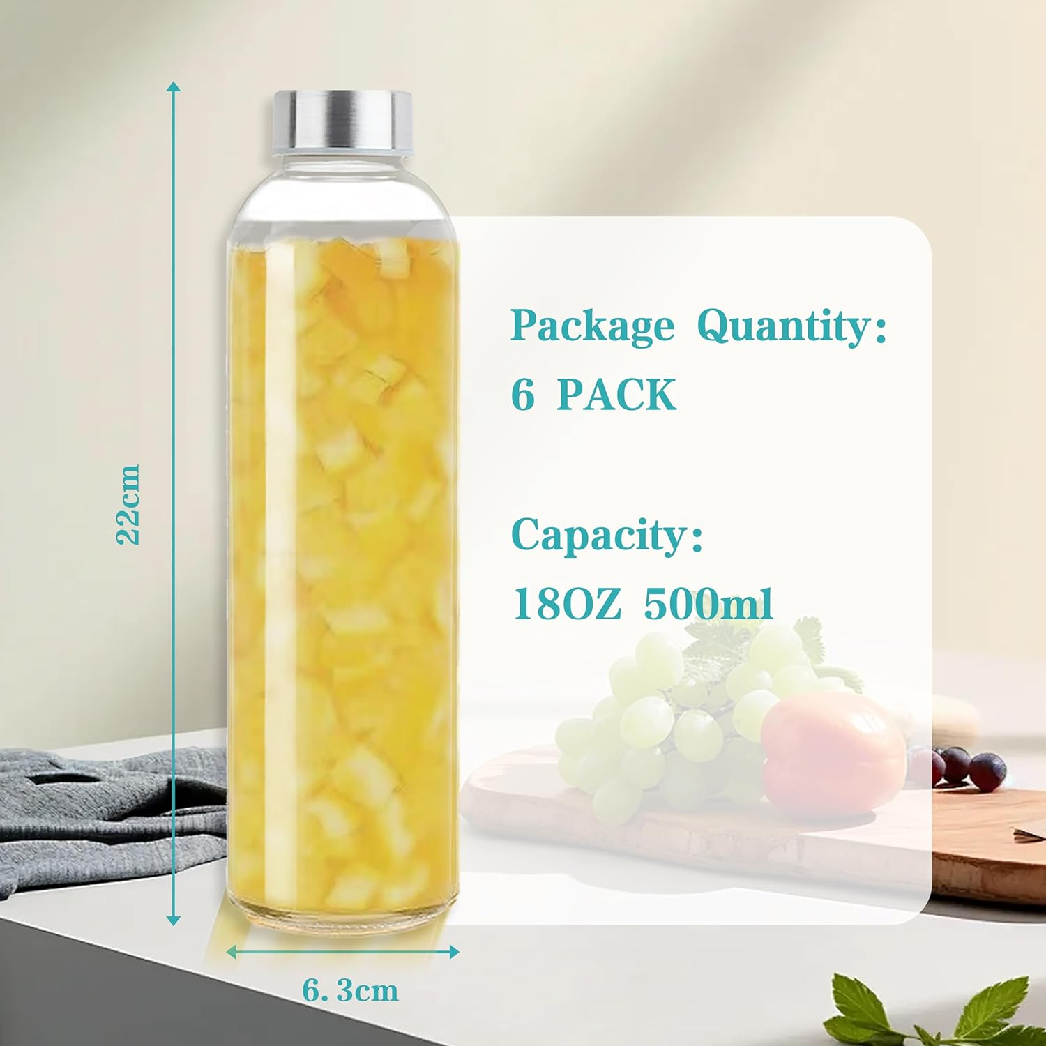 Glass Water Bottles with Stainless Steel Leak Proof Lids,18 Oz Glass Juice Bottles Set of 6,BPA Free,Reusable Drinking Bottle,Beverage Storage Container for Refrigerator,With Cleaning Brush image number 6