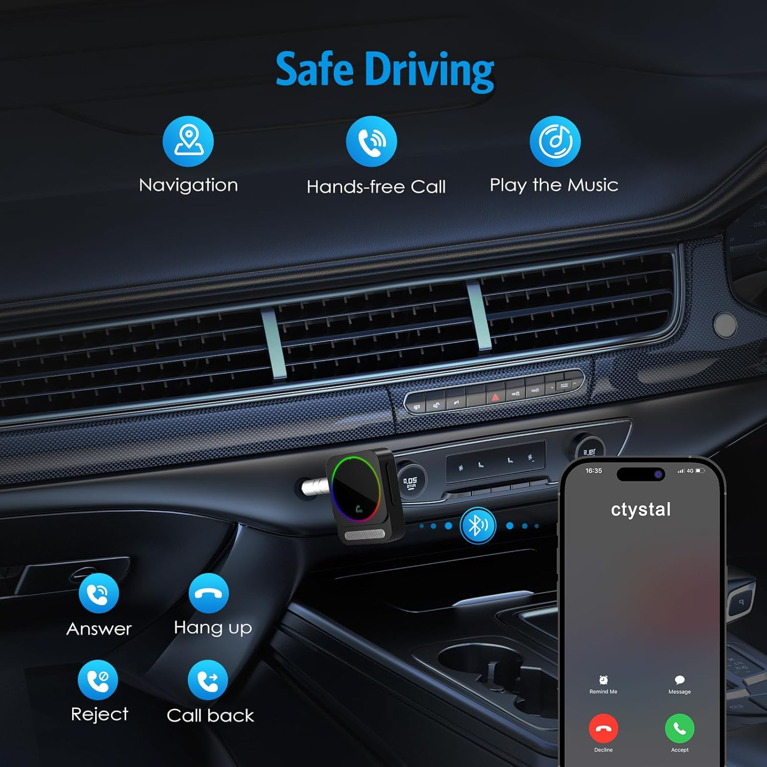 AMIR Bluetooth 5.3 Transmitter and Receiver for Car, 3.5Mm Aux Bluetooth Adapter with Dual Device Connection, Hands-Free Calls, 20H Battery Life Compatible for Speaker Home Stereo TV Headphones image number 5