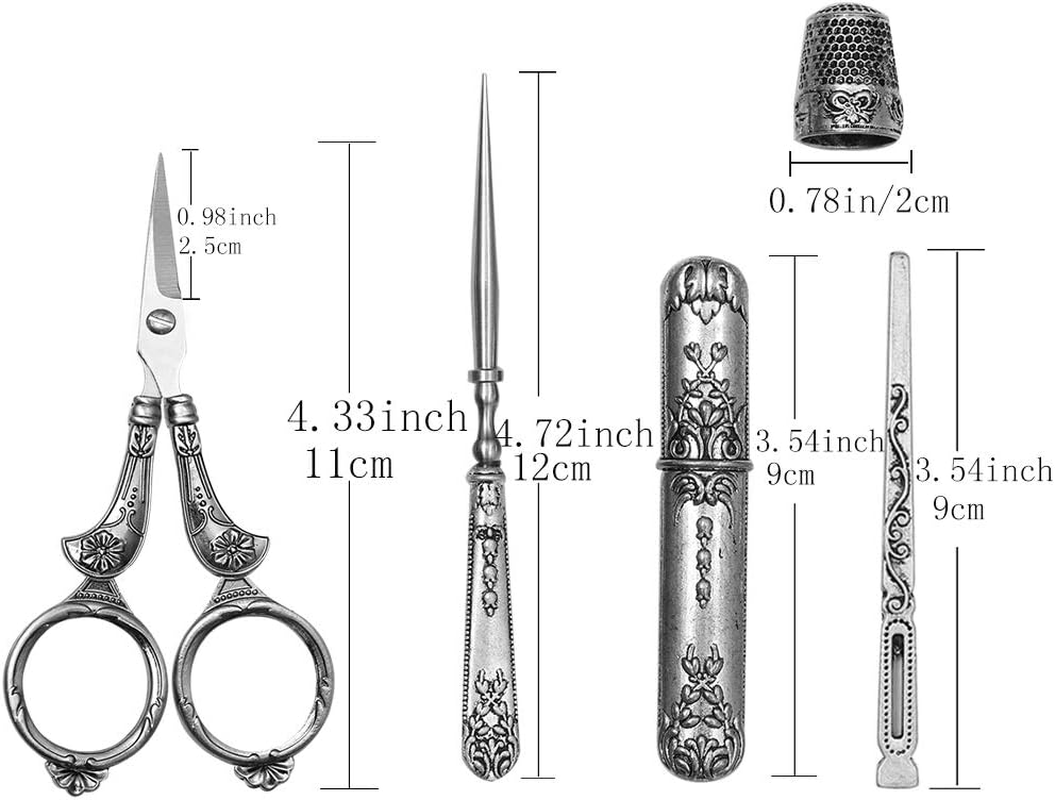 BUTUZE Embroidery Scissors Kit, European Antique Vintage Sewing Kit, Complete Vintage Sewing Tools with Embroidery Scissors, Original Case, Sewing Needle Case, Awl for Sewing, Craft, Needlework - Silver image number 5