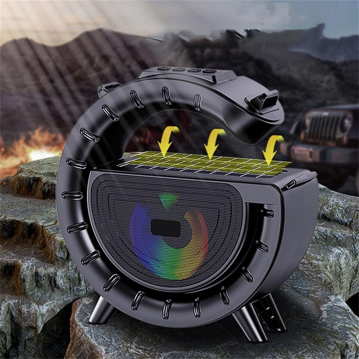 Solar Speaker with Atmosphere Lamp,Portable FM Radio and Flashlight,1200Mah Rechargeable Battery,Outdoor Bluetooth Music Player Wireless Card Insertion Sound System for Bedroom, Party, Living Room image number 6