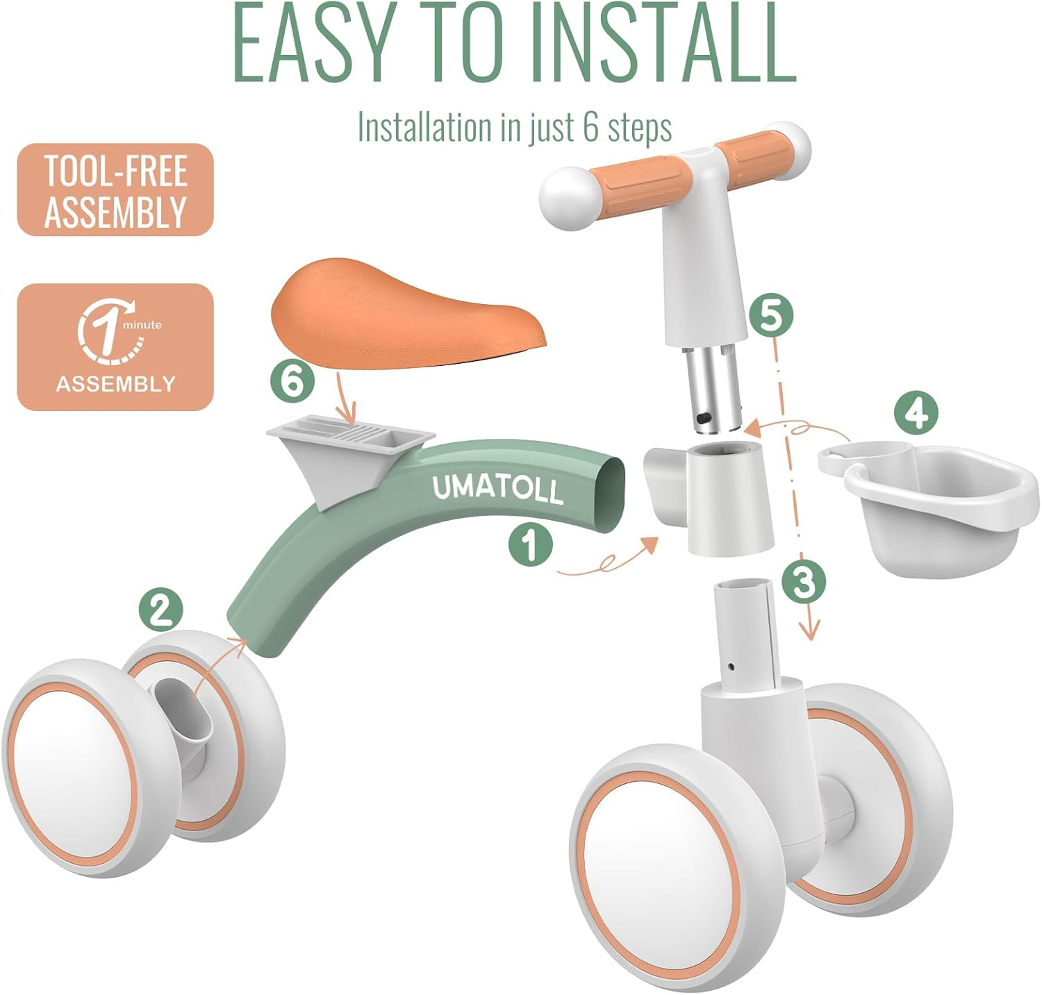 Umatoll Baby Balance Bike for 1 Year Old Boys Girls, 12-24 Months Toddler Balance Bike with Removable Basket, Adjustable Seat, 4 Wheels Infant Bike, First Birthday Gift - Green image number 2