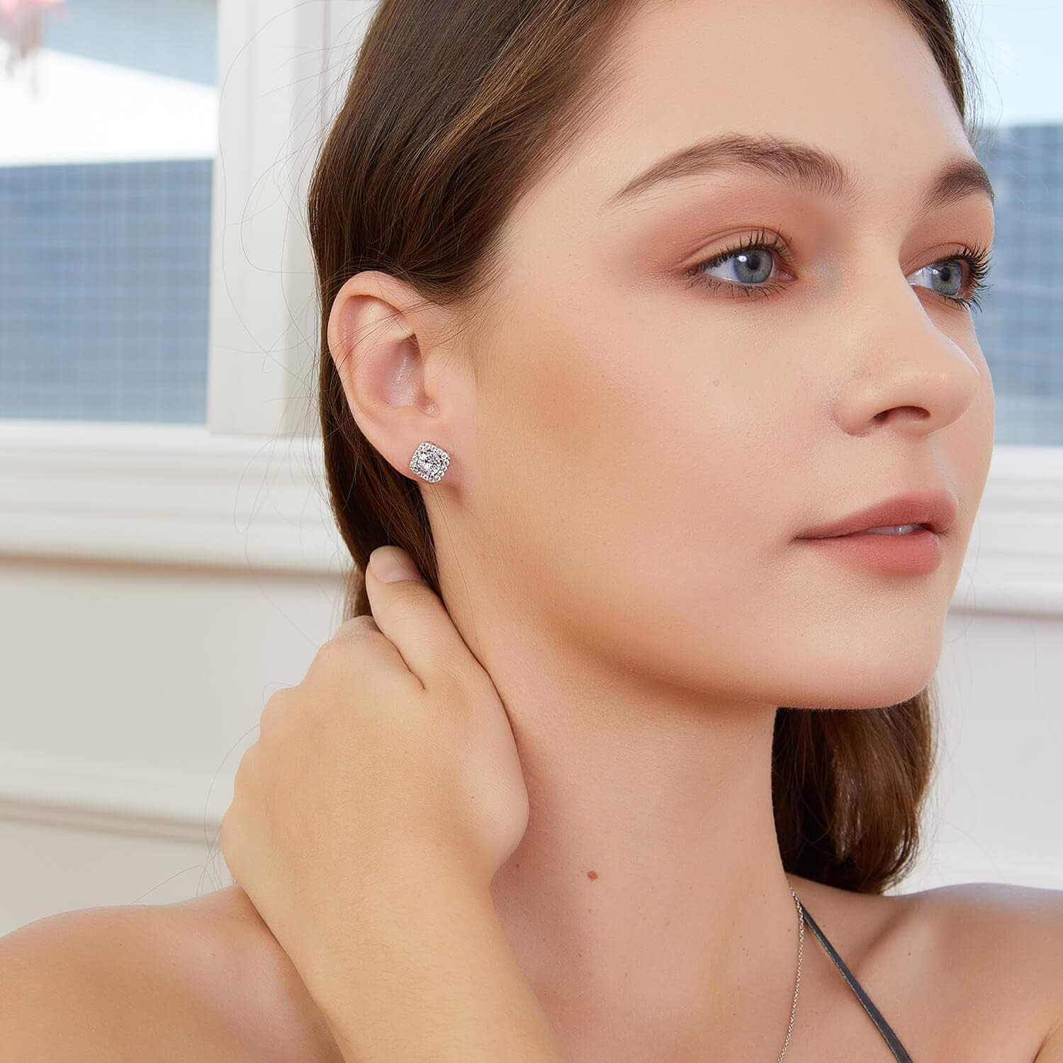 18K White Gold Plated round Square Cubic Zirconia Simulated Diamond Halo Stud Earrings (2 Pairs) image number 2