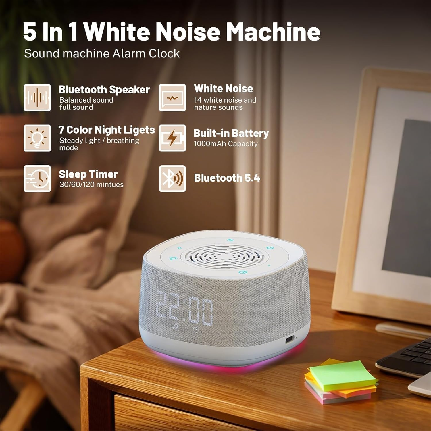 White Noise Machine & Alarm Clock with Bluetooth Music Player,14 Soothing Sound,7-Color Night Light,3-Timer Sleep Timer,Volume Control,Portable Hatch Sound Machine for Sleep/Office/Travel(White) image number 1