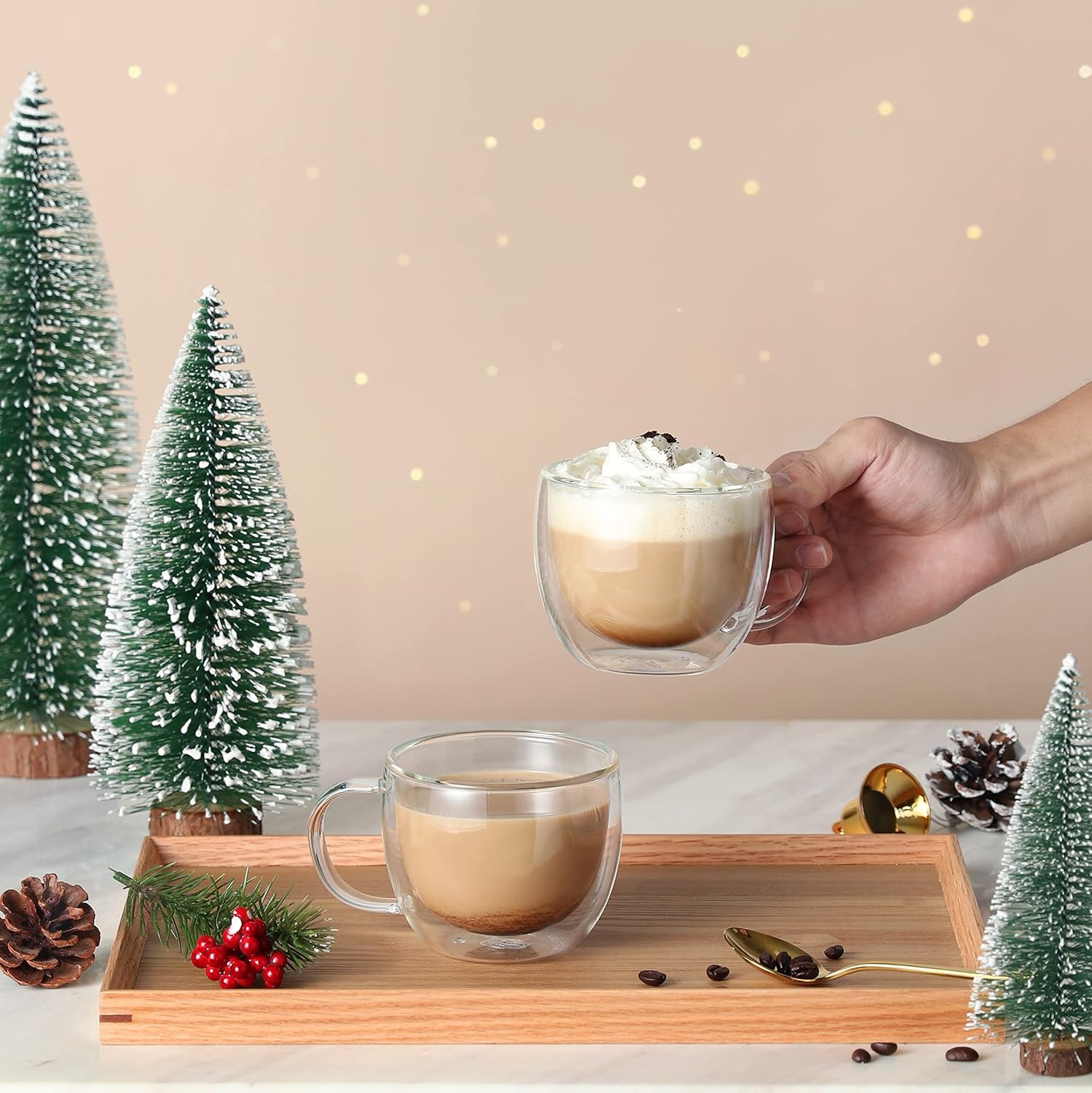 Cnglass Double Walled Glass Cappuccino Mugs 240Ml/8.1Oz,Clear Insulated Glass Coffee Cups with Handle for Espresso,Latte,Cappuccino,Tea,Set of 2 image number 1