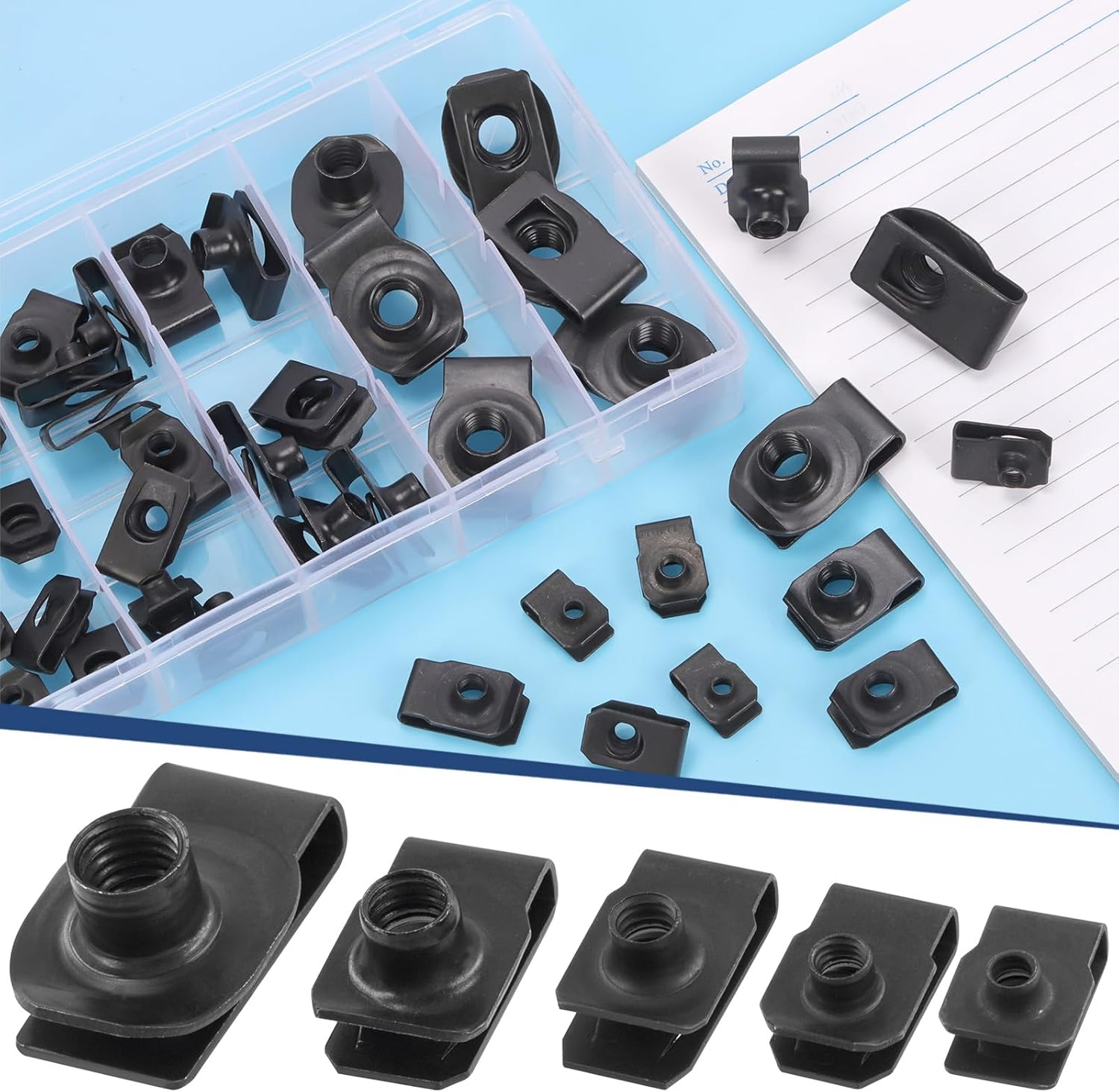 Glarks 50Pcs M4 M5 M6 M8 M10 U-Style Clip-On Nuts Set, Black Carbon Steel Thread Clip Nut, U Nuts Clamp Set, U-Shaped Nut, Automotive U-Clips for Engine, Fender, Bumper, Dash, Interior Trim Panels - Gold image number 5