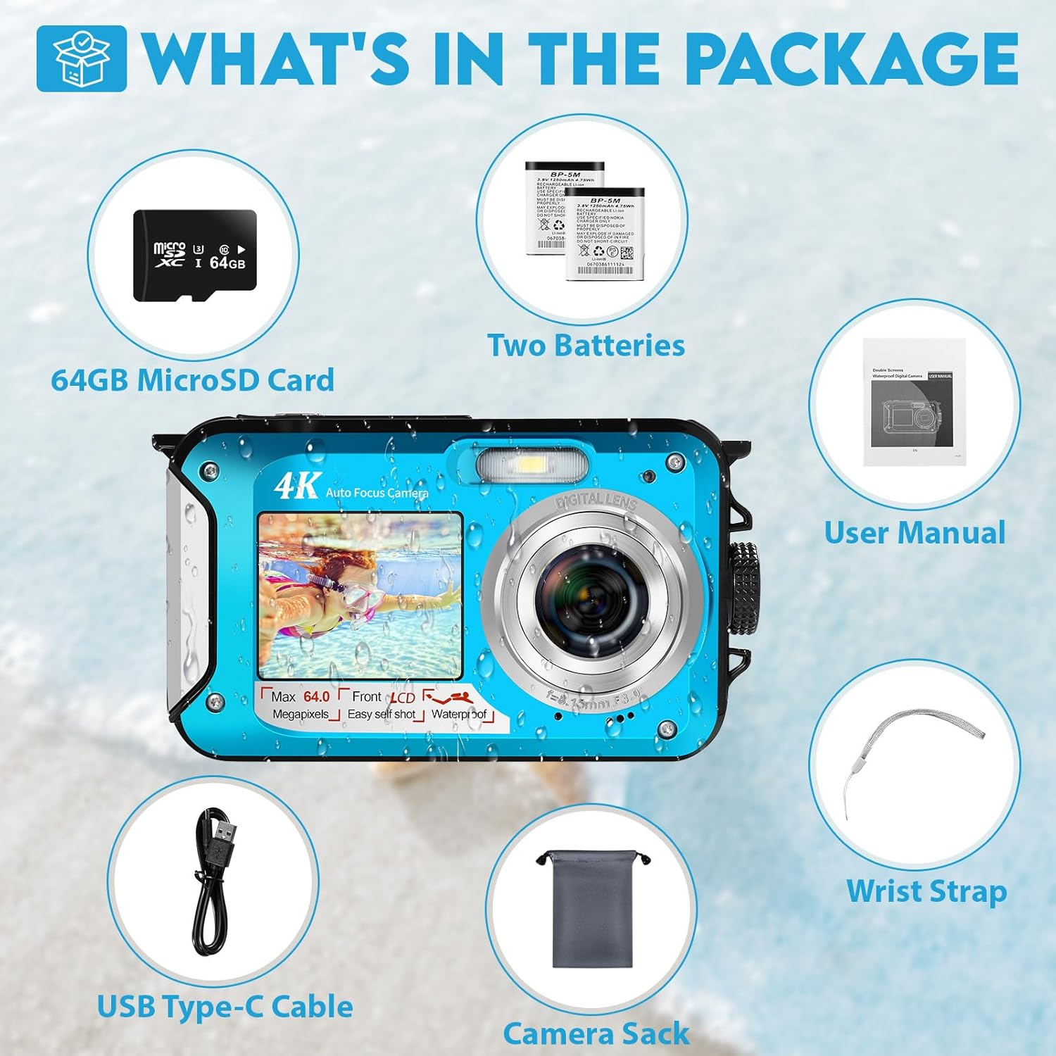 64MP Underwater Camera with 64GB Memory Card, 4K Waterproof Camera with Autofocus and Selfie Dual Screens, 5 Meter Waterproof Digital Camera, Kids Underwater Camera for Snorkeling (2 Batteries) image number 2