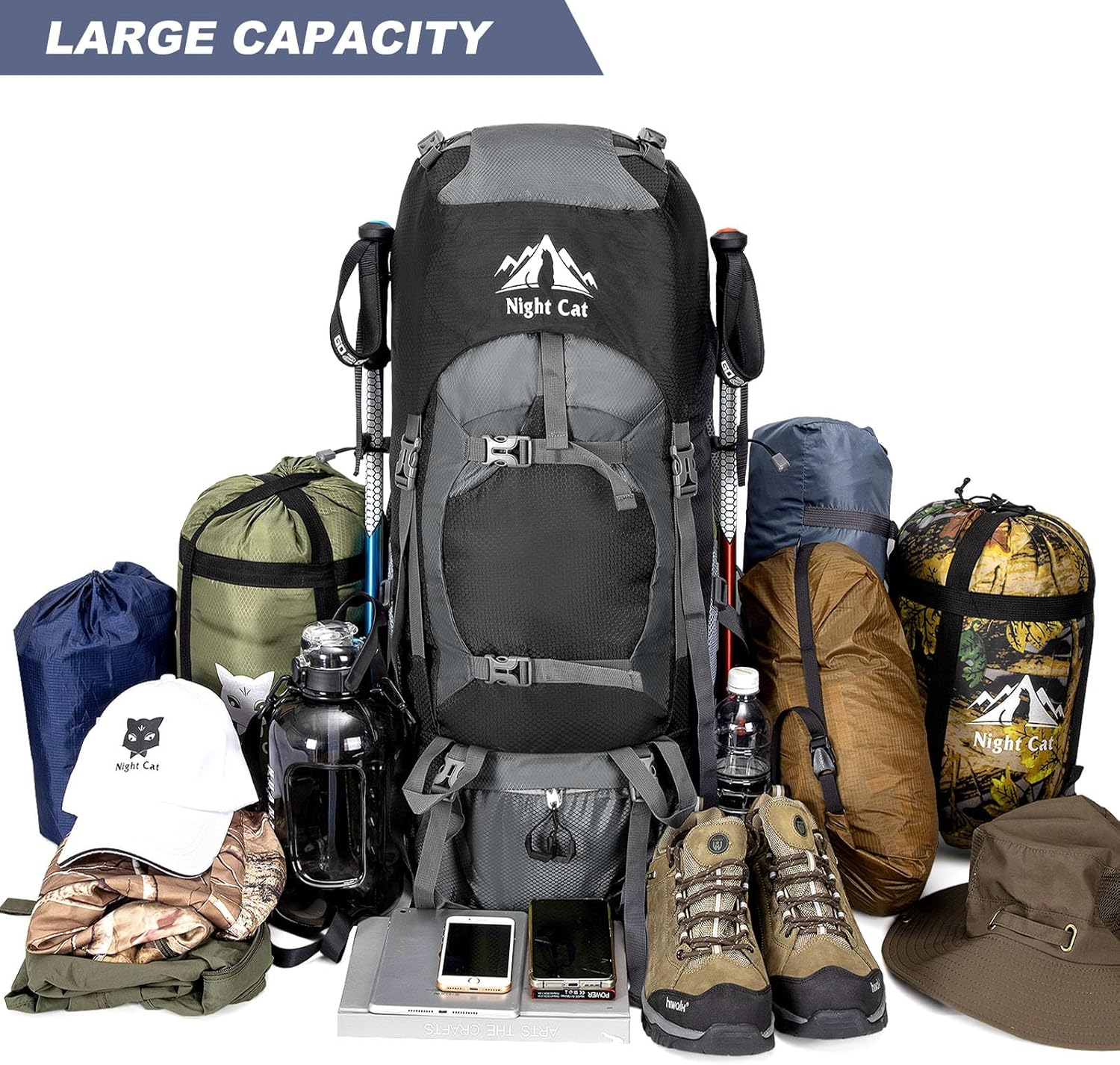Night Cat Hiking Backpack 40L 70L 90L Backpack Trekking Backpack Travel Backpack Men Women Breathable for Camping Trekking Mountainering Climbing Bicycle Travel image number 2
