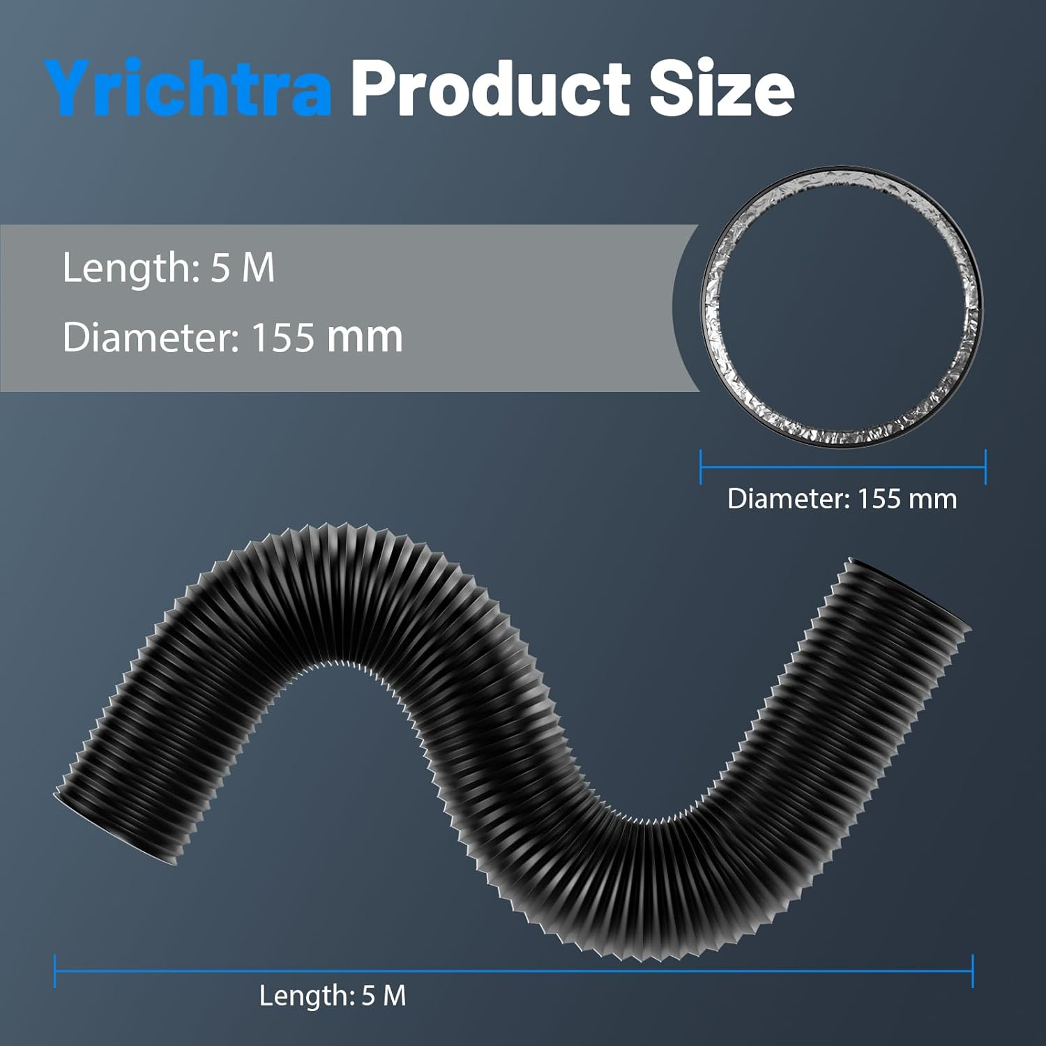 Yrichtra Exhaust Hose Diameter 150 Mm, 5 M Flex Pipe, Heat Insulating, Noise Reducing, Tear-Resistant, Cuttable, No Chemical Odour, with Clips, Flex Hose for Dryers and Ventilation Hose, Black image number 3