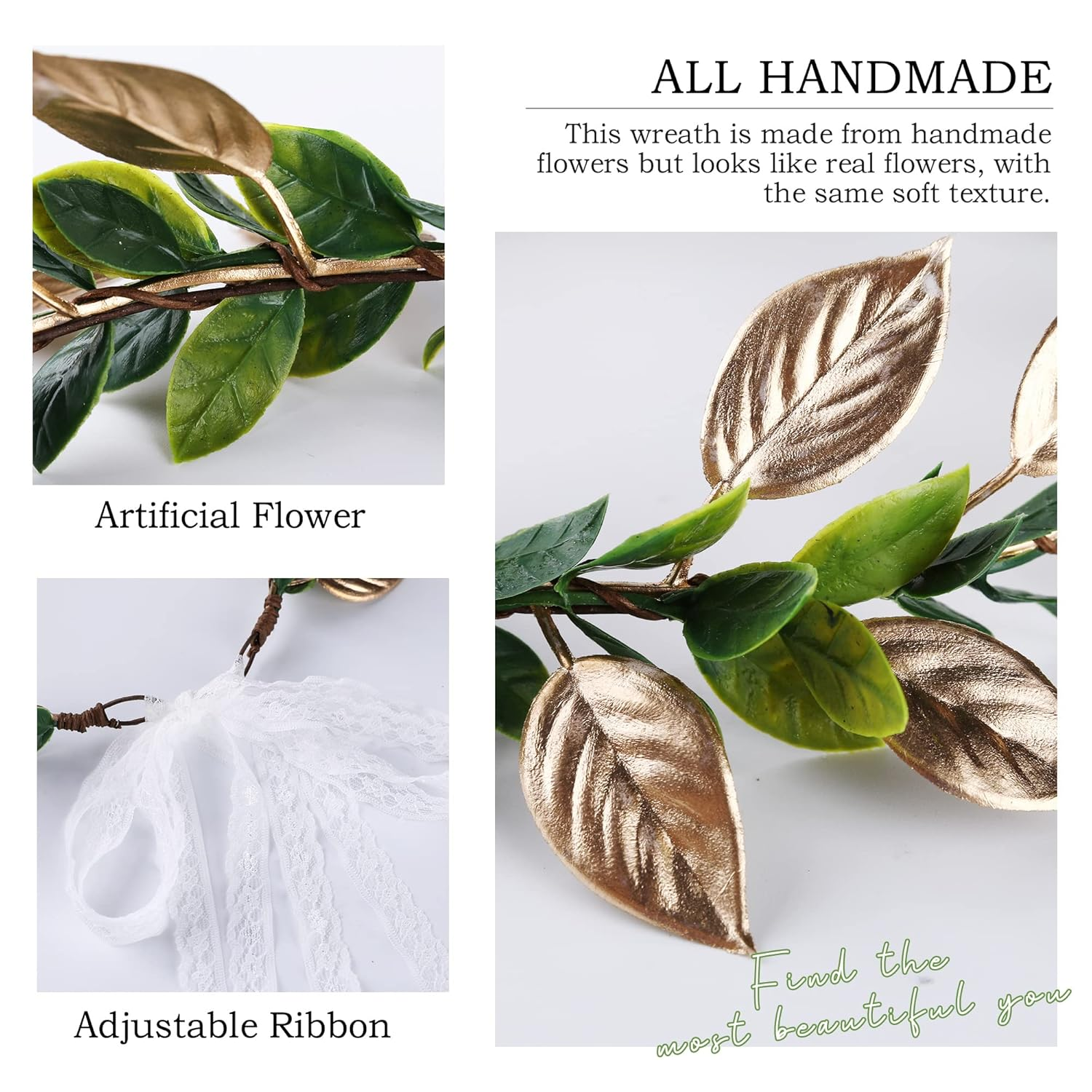 MOSTORY Handmade Fairy Woodland Crown - Forest Elf Headband Flower Circlet Elven Leaf Wreath for Renaissance Halloween Cosplay Women Girls Photoshoot Green Gold image number 5