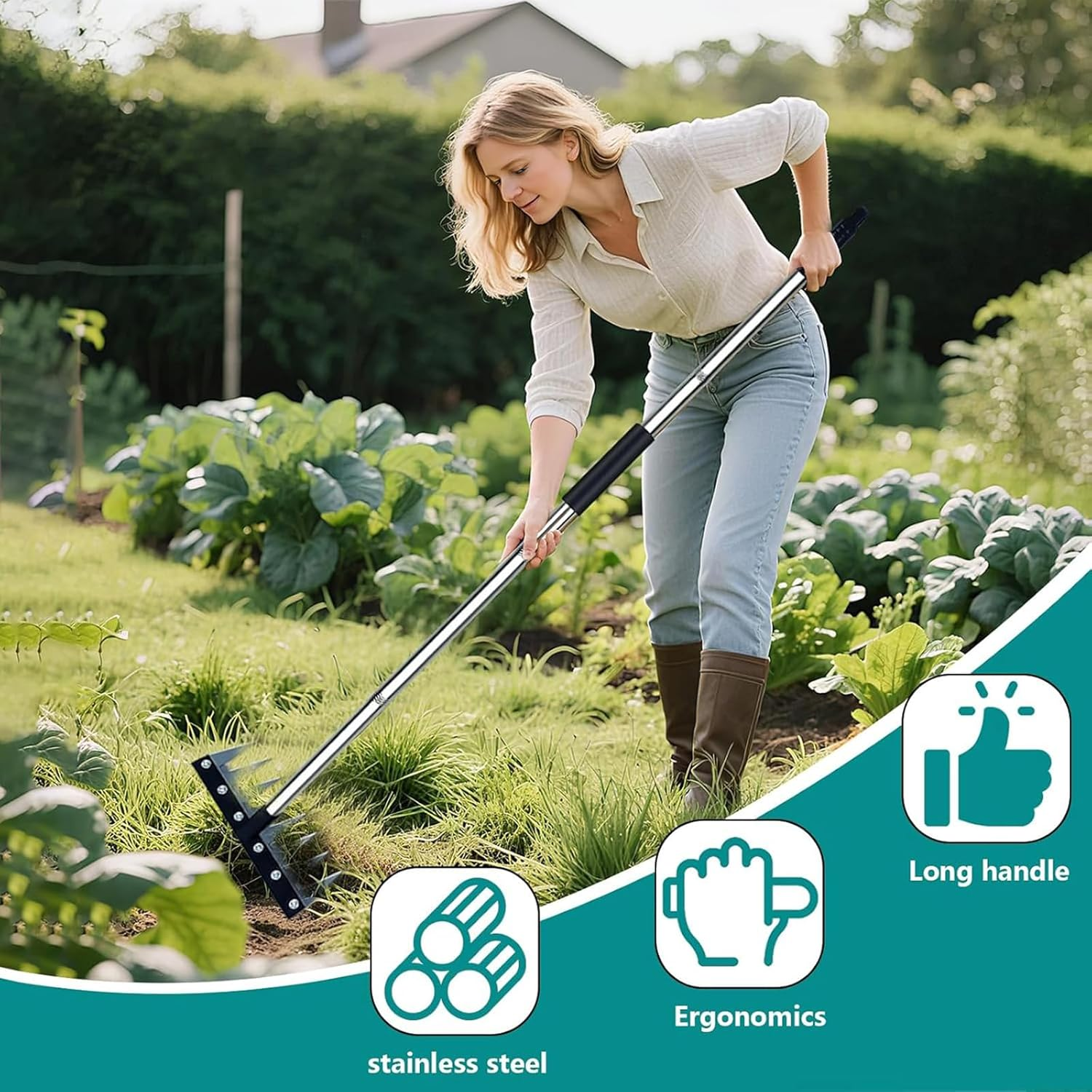 Iron Weeding Rake with Long Handle,Heavy Duty Weed Rake Tool for Garden Removing Weeds, Loosening Soil, Cleaning Flower Beds, Pine Needles & Lawn Prep