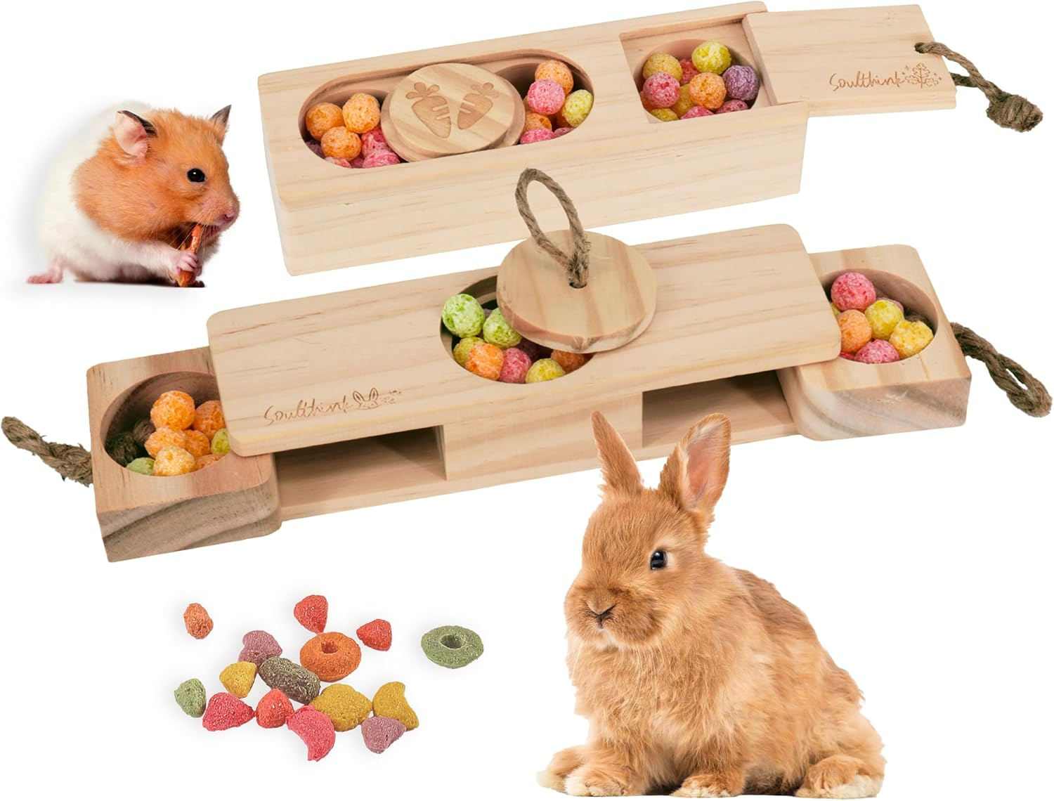 Soulthink&reg; Interactive Wooden Pet Rabbit Toys - Sniff N' Snack Bunny Chew Toys for Rabbit Treats, Suited as Guinea Pig Toys, Hamster Toys for Boredom, Bunny Toys for Rabbits Keep Busy (2 Sets)