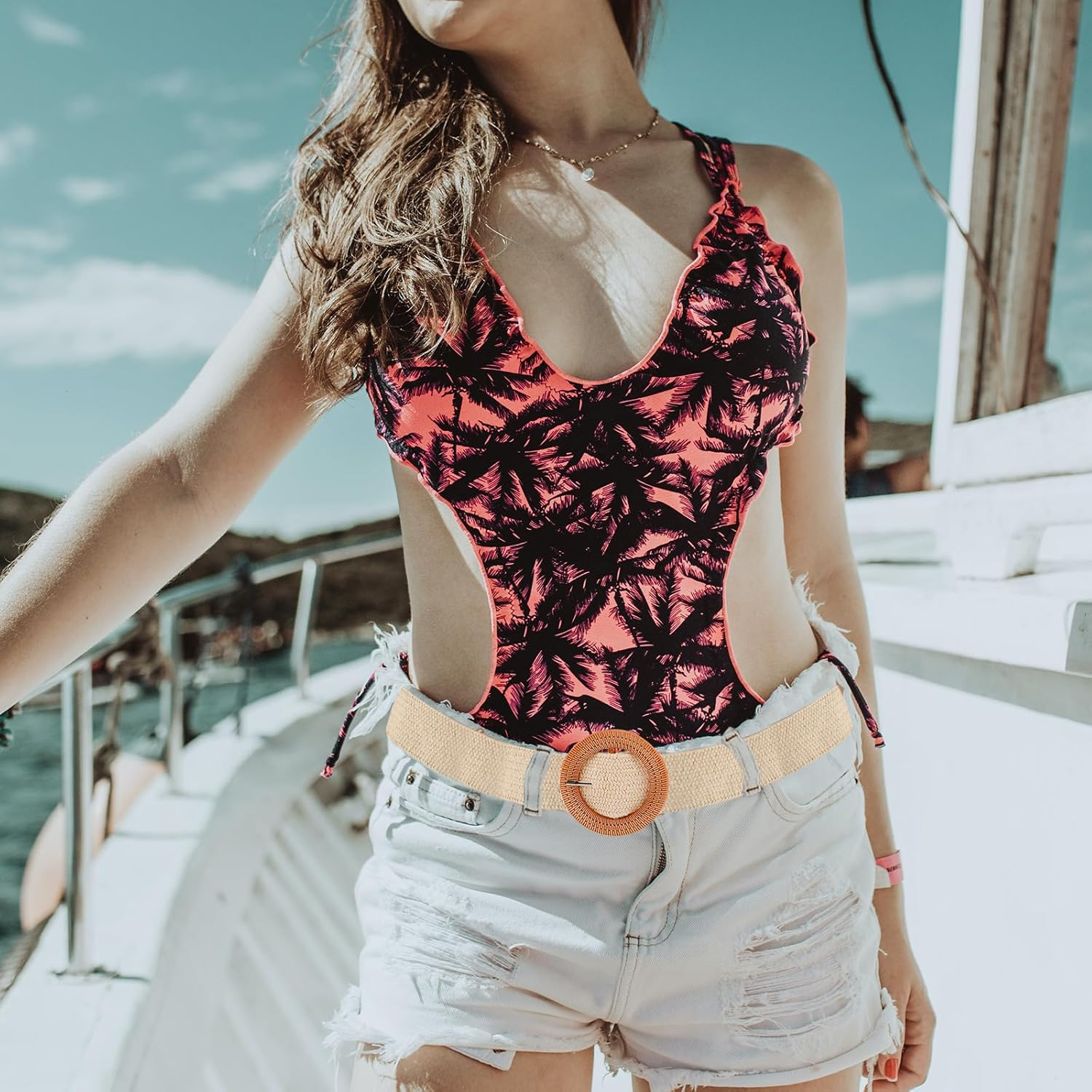 2Pcs Braided Waist Belts for Women, Straw Woven Elastic Belt Summer Dress Belts Boho Wide Stretch Braided Belt with Round image number 2