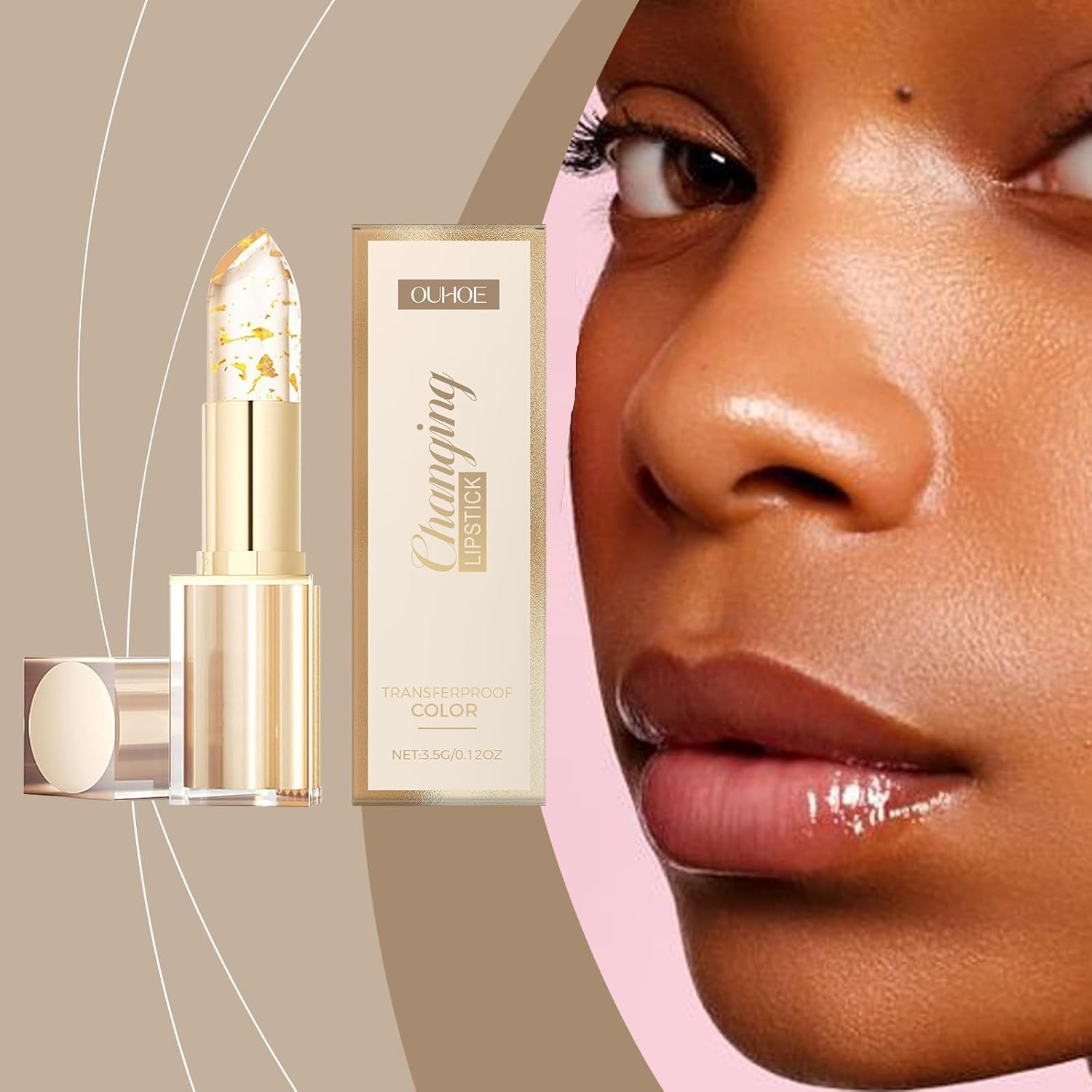 Transferproof Color Changing Lipstick,Gold Crystal Ph Lipstick Color Changing,Deep Nourishment,Long Lasting Moisturizing Glossy Shine Lip Gloss for Women image number 2