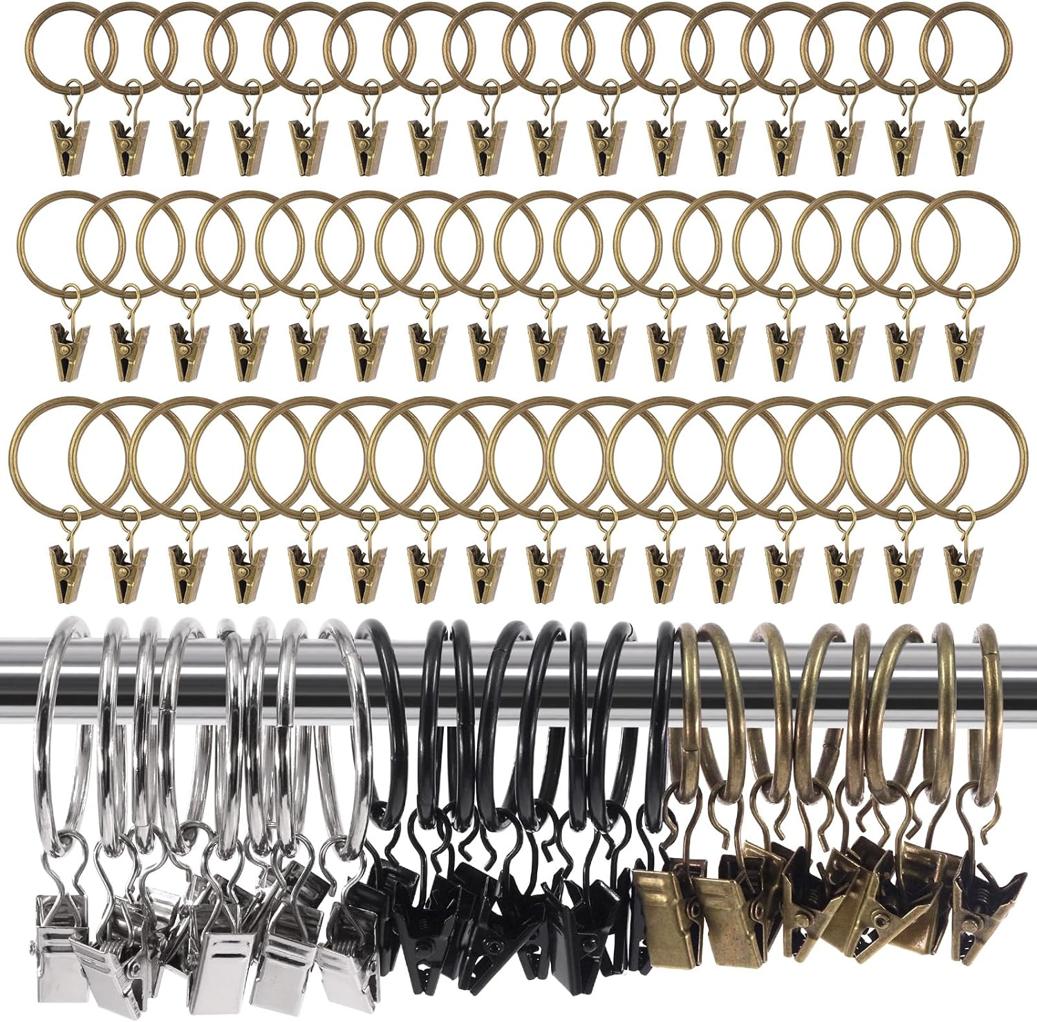Glarks 40Pcs 25Mm/1 Inch Bronze Curtain Rings with Clips, Rustproof Metal Drapery Curtain Hanging Rings with Drapery Clips, Decorative Curtain Rod Clips Rings Hangers for Window Door Shower Curtain