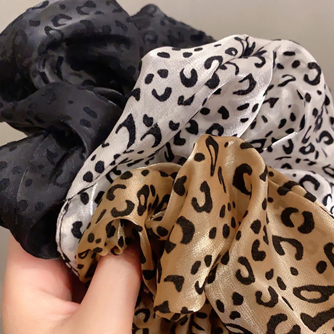 SZZLXYMT 3Pcs Retro Leopard Pattern Slats, Leopard and Cheetah Prints, Large Hair Bundles, Satin Silk Hair Pleats for Women and Girls image number 4