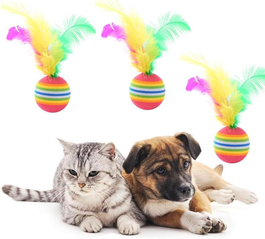 12Pcs Rainbow Cat Toy Balls Soft EVA Foam Interactive Toys with Feather Cat Toy,Cat Balls with Feather,Pet Cat Latex Foam Ball with Feather Toy for Dogs Cats Puppy Indoor Outdoor Playing Training image number 5