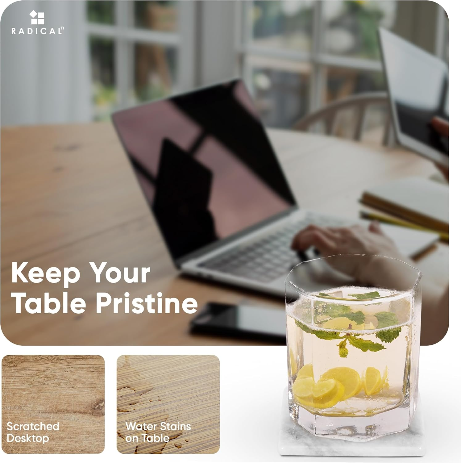 Radicaln Marble Coaster Set with Holder 3.5" Inches White Square Handmade Coasters Set of 6 for Coffee Bar Accessories Drink Coasters for Coffee Table D&eacute;cor Coasters for Drinks image number 2