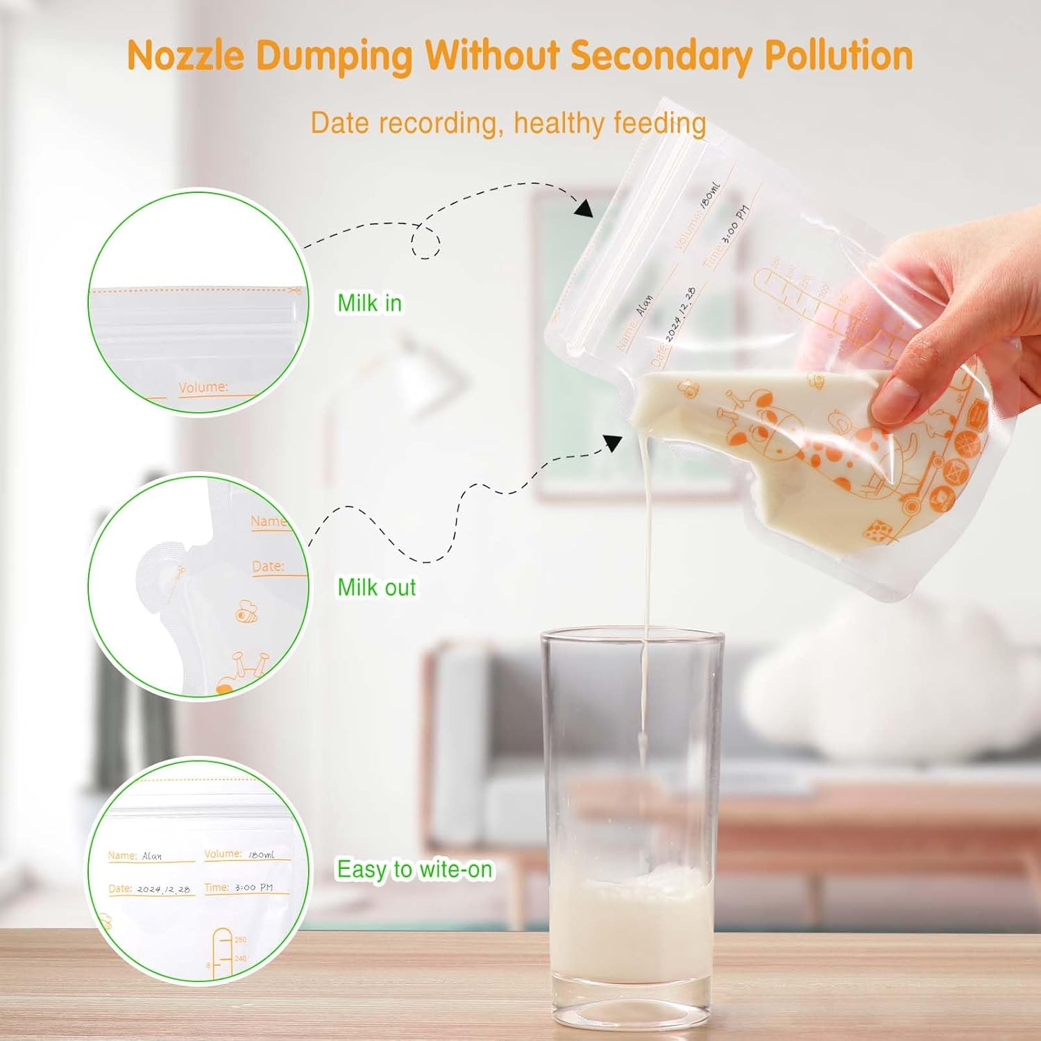 Vinabo Pack of 50 Breast Milk Bags, 250 Ml Bpa-Free Breast Milk Storage Bag, Milk Bag for Breast Milk with Spout for Breastfeeding, Self-Standing, Can Be Frozen, Pre-Sterilised image number 5