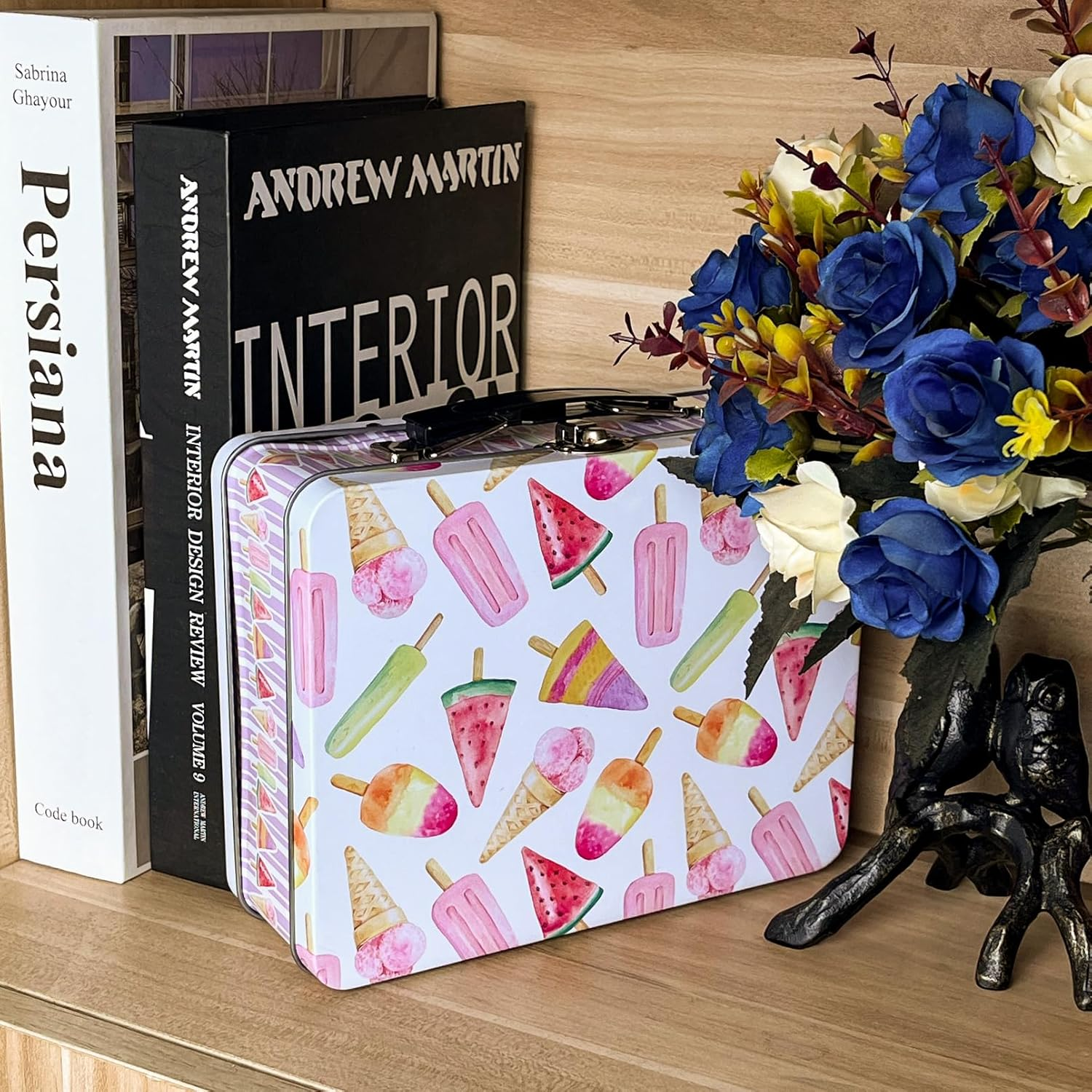 Luwint Tin Storage Box with Handle Small Metal Fun Box Cute Sturdy Tin Box Decorative Keepsake Case with Lid (Ice Cream)