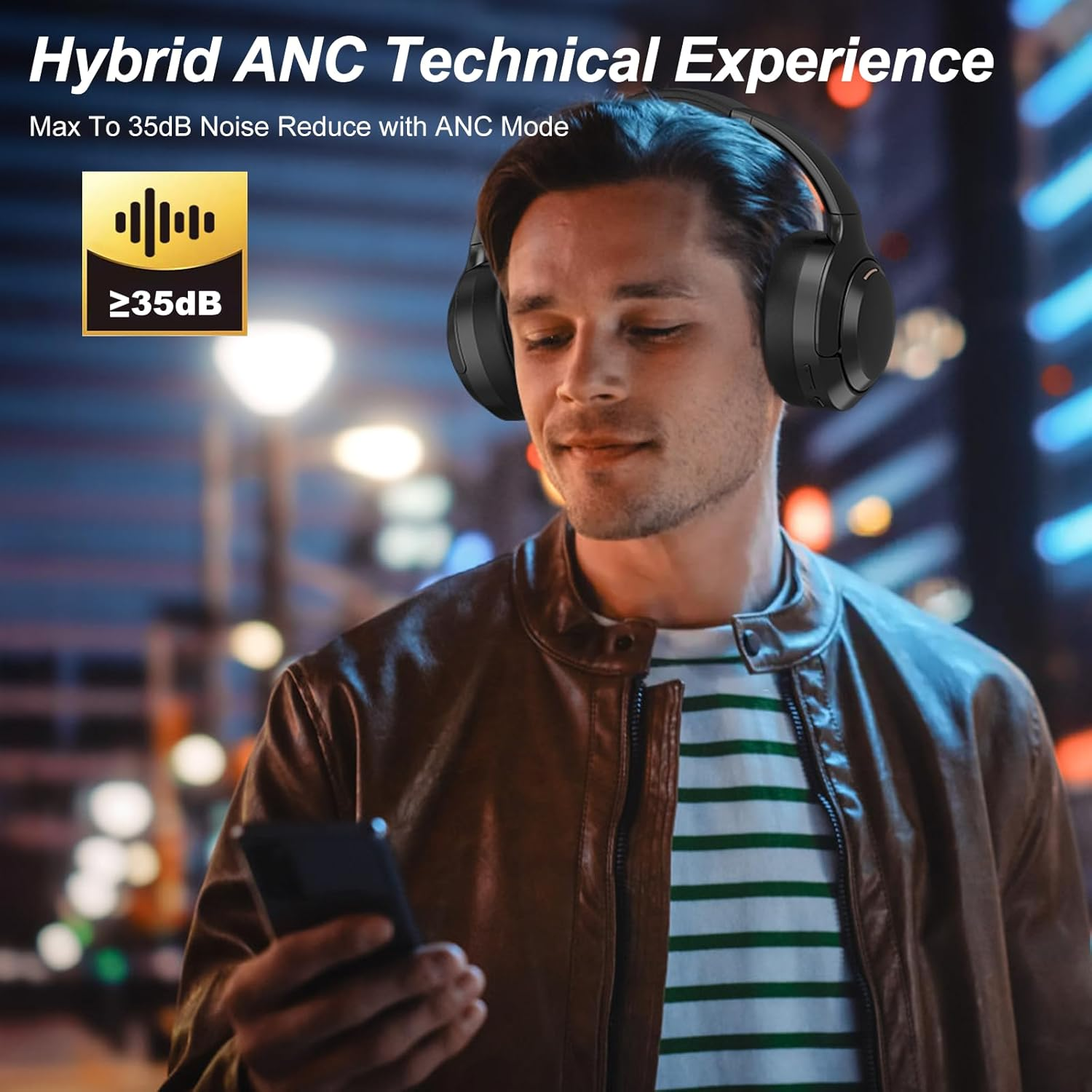 Hybrid Active Noise Cancelling Headphones, Bluetooth 5.4 Earphones, Wireless Headset, 60H Playtime, ANC Mode with 35Db Noise Reduce, Hi-Fi Audio Sound, CVC 8.0 Mic, USB-C Charge, Protein Skin Ear Cups image number 2