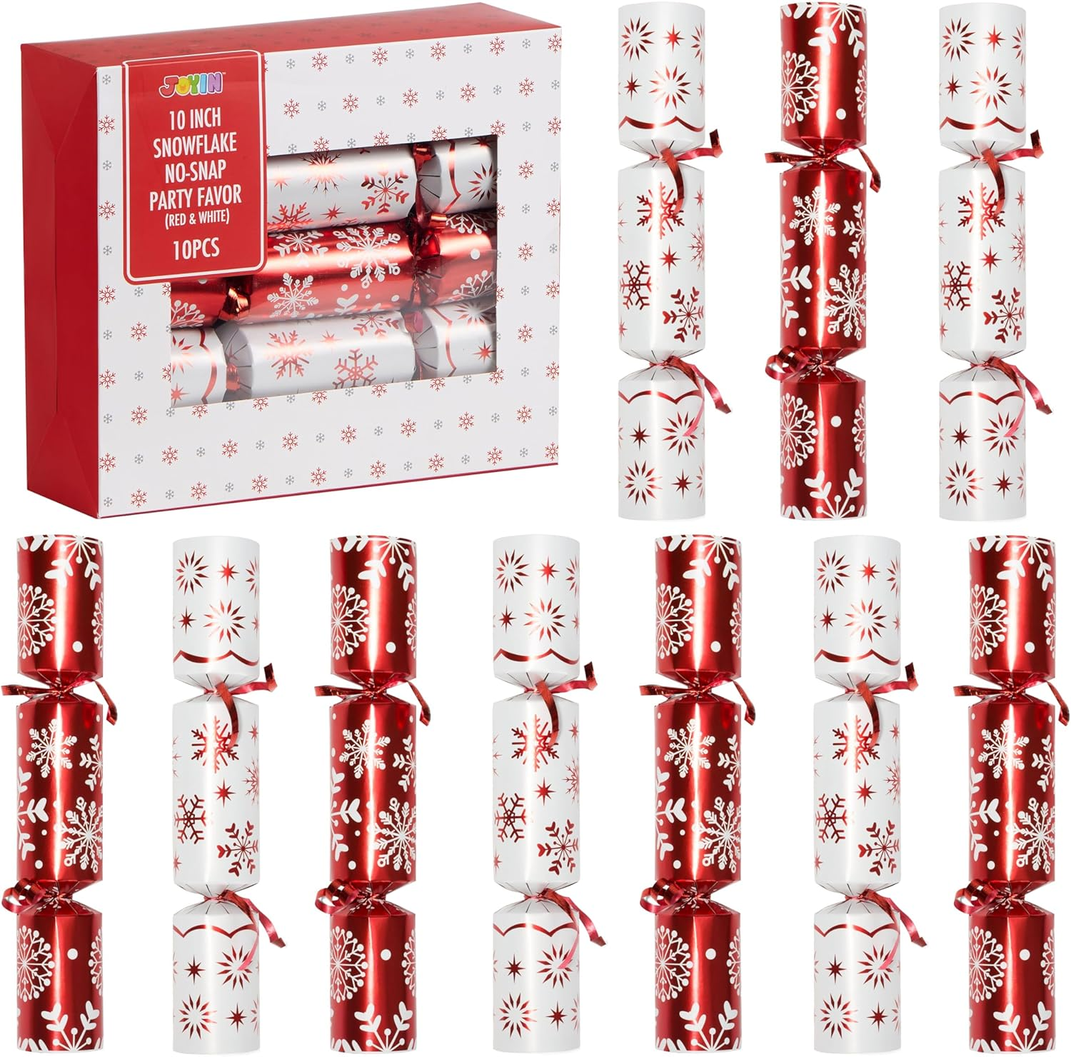 10&rdquo; Christmas No Snap No Popping Party Table Favor(10 Pack) with Red & White Snowflake Design, with Party Hat, Joke & Little Gift Inside, for Xmas Gift, Christmas Seasonal Holiday Dinner Traditions image number 4