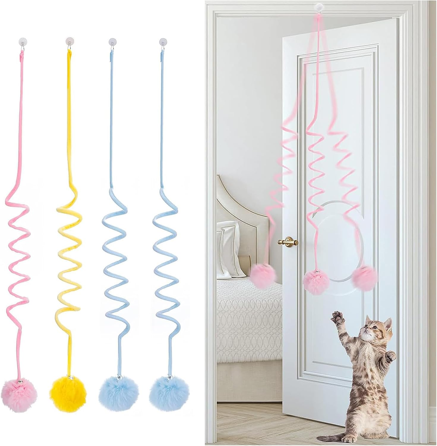 Hanging Door Cat Plush Toy,4 PCS Cat Jumpy Toy with Bell Retractable Cat Spring Plush Toy Interactive Cat String Toy for Indoor Cat Hunting Hunting Exercising image number 4