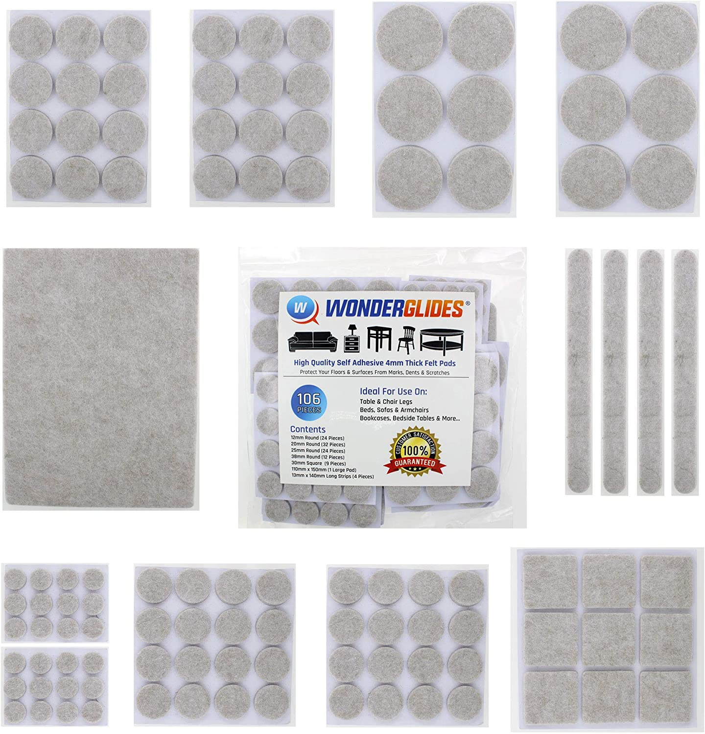 Lifeswonderful - 106Pcs Assorted Mix Pack Self Adhesive Sticky Felt Pads Floor Protectors for Furniture Feet image number 2
