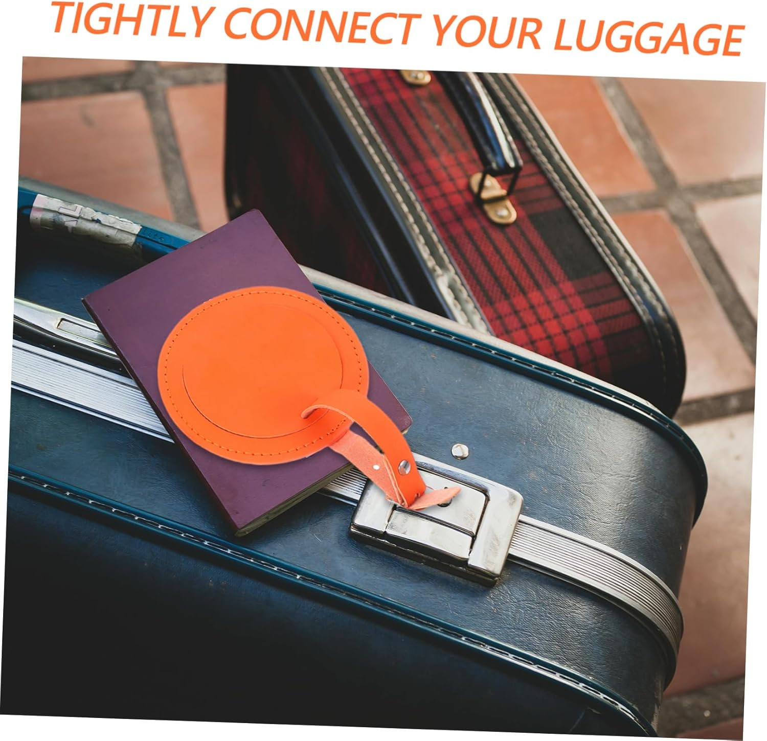 TOGEVAL 4Pcs Orange Luggage Tags round Leather Travel Tags Address Card for Suitcases image number 3