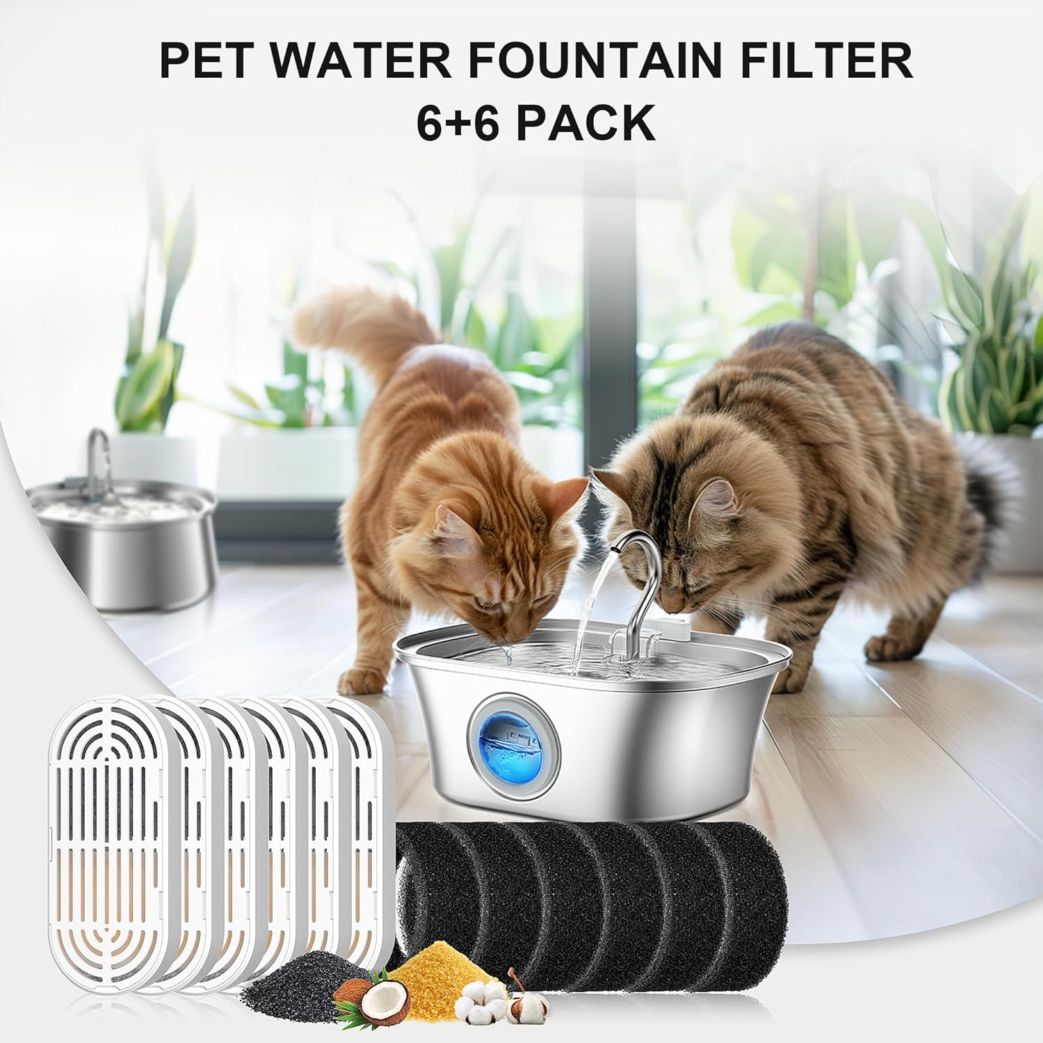 Cat Water Fountain Filters, 6 Pcs Cat Fountain Filters & 6 Pcs Foam Pre-Filter Replacement for 3.2L Cat Water Fountain Stainless Steel, Filters for Cat Drinking Fountain Pet Water Dspensers Water Bowl image number 2