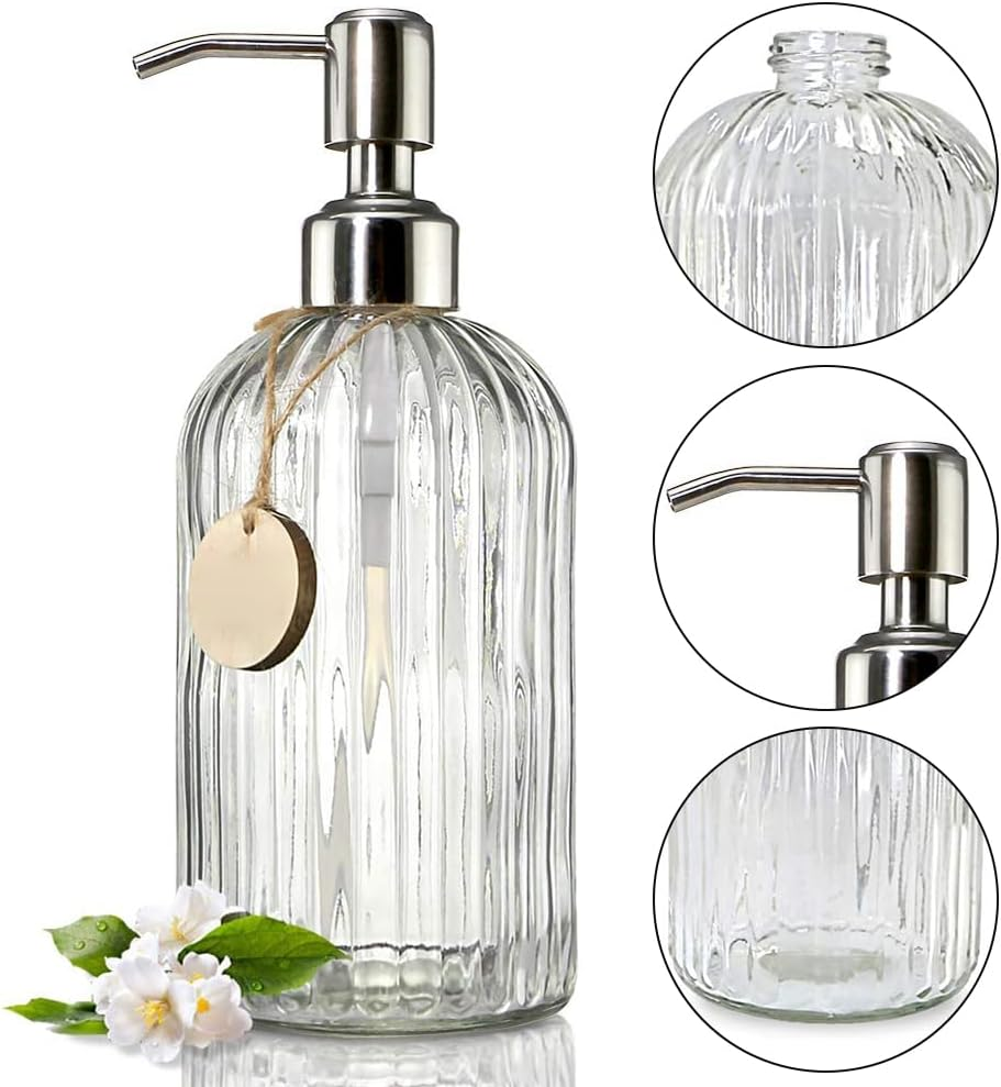 18 Oz Glass Soap Dispenser with Rust Proof Stainless Steel Pump, Refillable Hand Soap Dispenser with Vertical Stripe, Premium Bathroom Soap Dispenser for Kitchen & Bathroom. image number 6