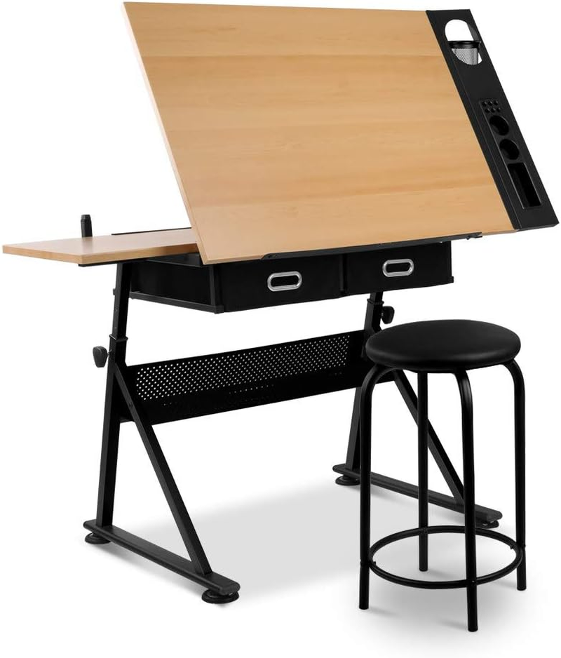 Drawing Table Stool Set Artiss Ajustable Metal Base Art & Craft Drafting Desk Table Art/Workstation with Removable Side Tray Drawers for Student Adults image number 6