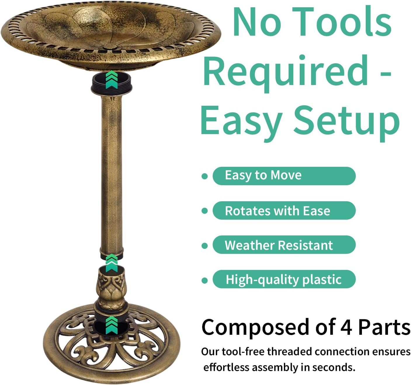 Antique Style 23.2" Tall Bird Bath - Lightweight Resin Base Bird Feeder with Gold Decorative Finish and Anti-Tip Design for Patio or Garden Use image number 1