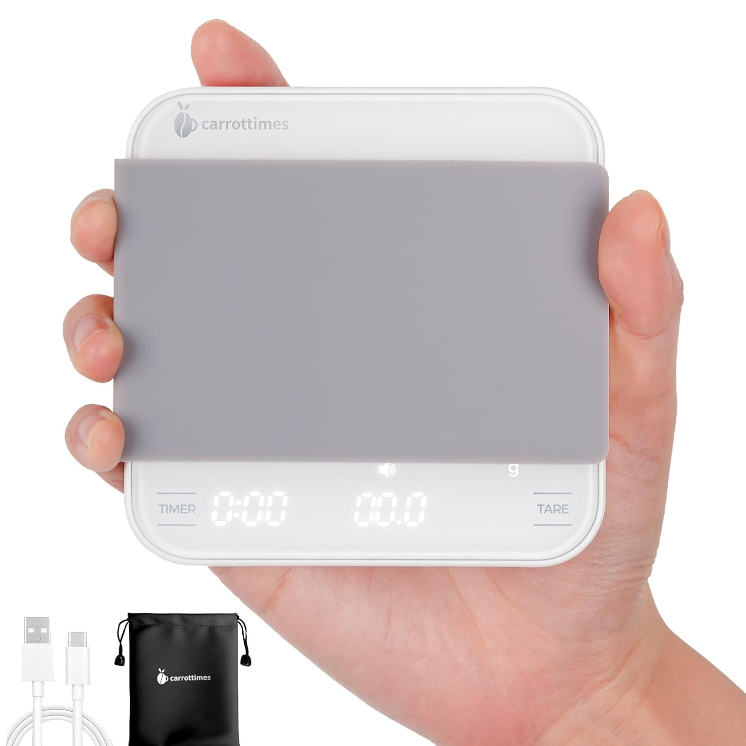 Carrottimes Rechargeable Mini Coffee Scale with Timer, 2Kg/0.1G Precision Espresso Scale, Portable Coffee Weight Scale W/ 4 Modes for Espresso and Pour-Over Coffee (White)