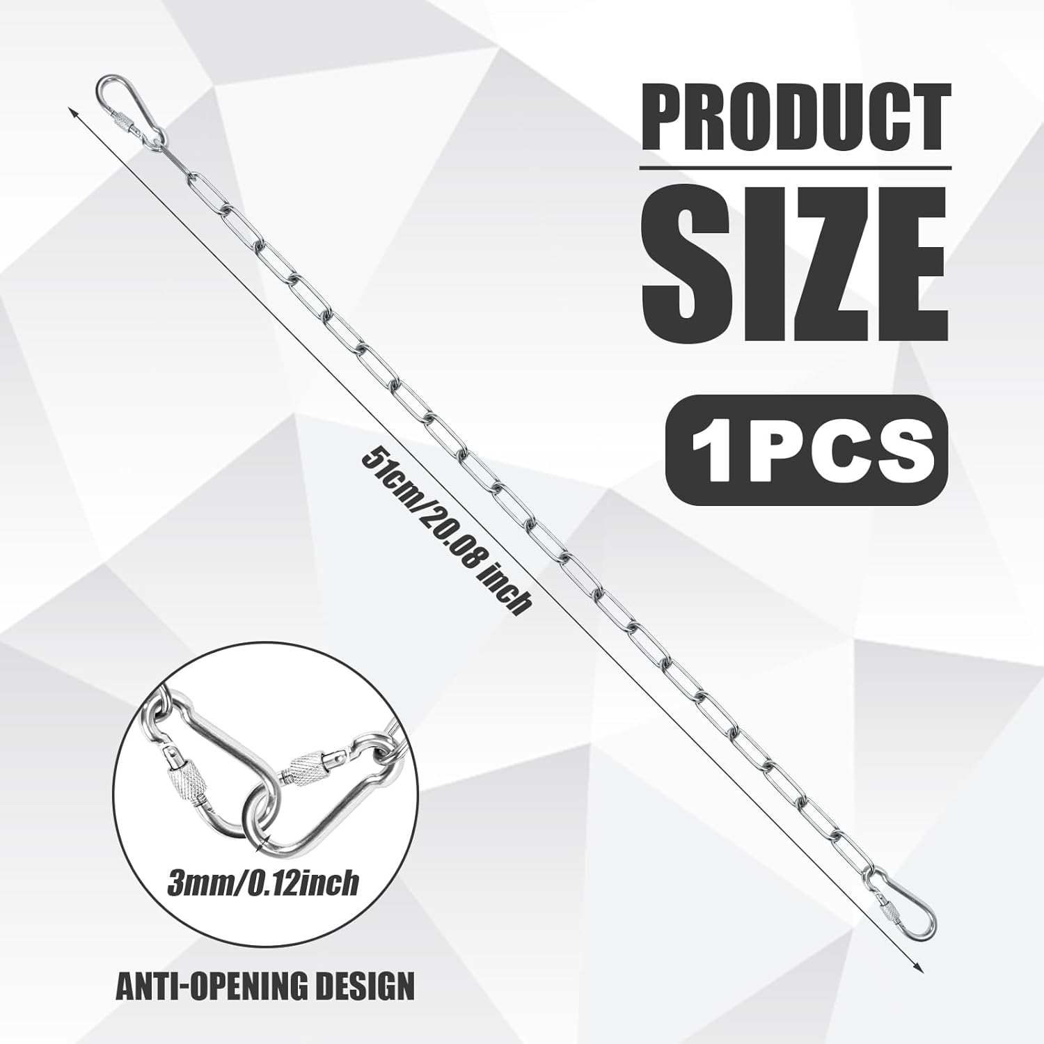 Gate Chain Lock, 20 Inch Gate Latch Chain with Double-Ended Carabiners Stainless Steel Metal Gate Link Chain Lock Pet Gate Latch for Outdoor Fences, Pet Cages, Indoor Supplies image number 3