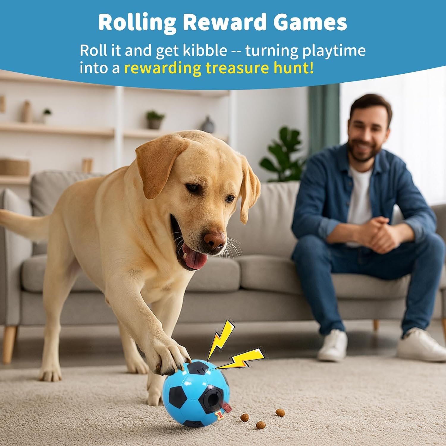 Joybruko Interactive Dog Toys Treat Dispensers - Giggle Squeaky Dog Soccer Ball Rewards Puzzle to Keep Them Busy, Mental Stimulation Enrichment Food Dispensing for Small Medium Large Breeds, Blue image number 3